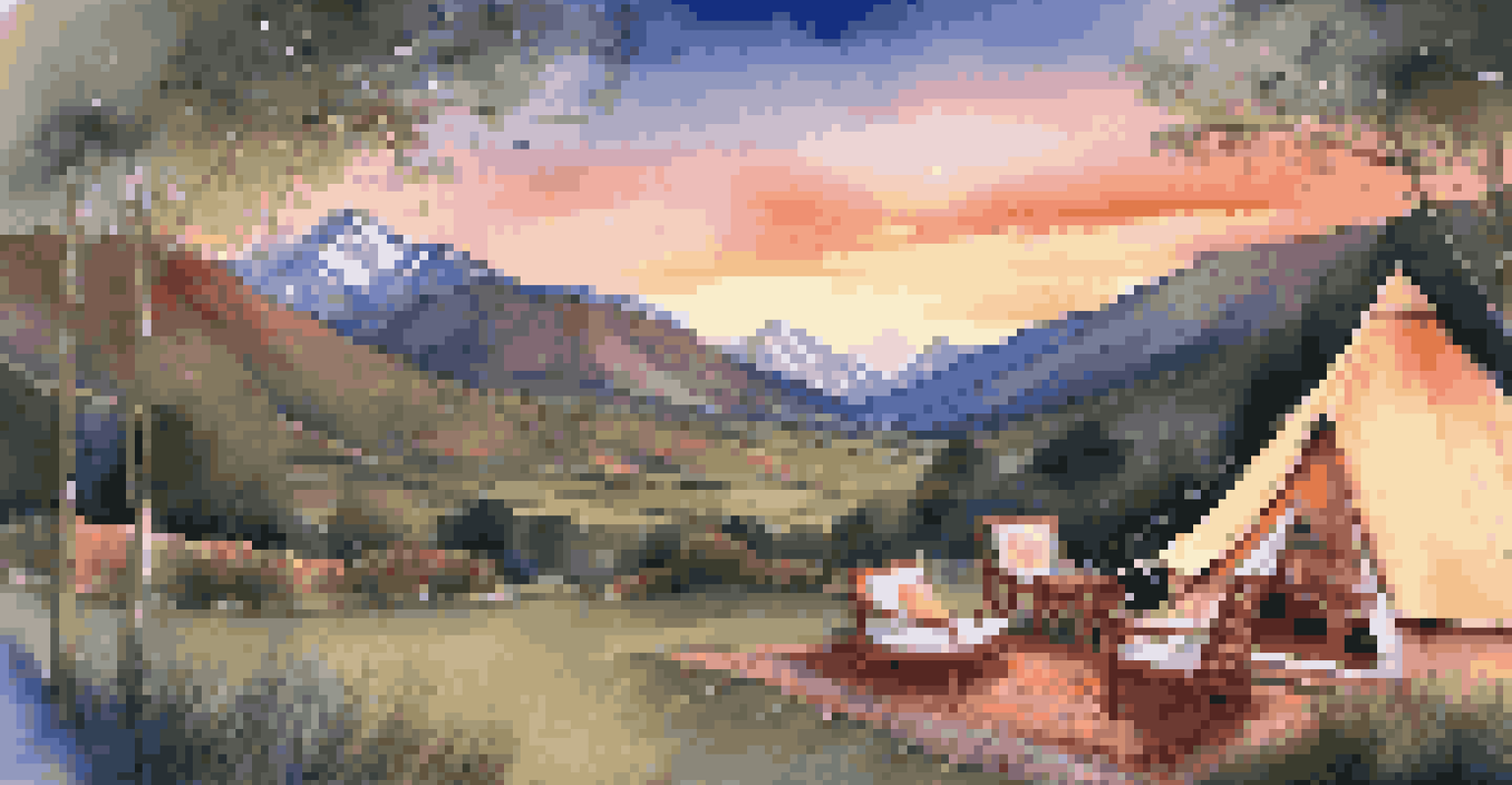 A luxurious glamping tent in the Sacred Valley at sunset, surrounded by mountains and cozy outdoor seating.