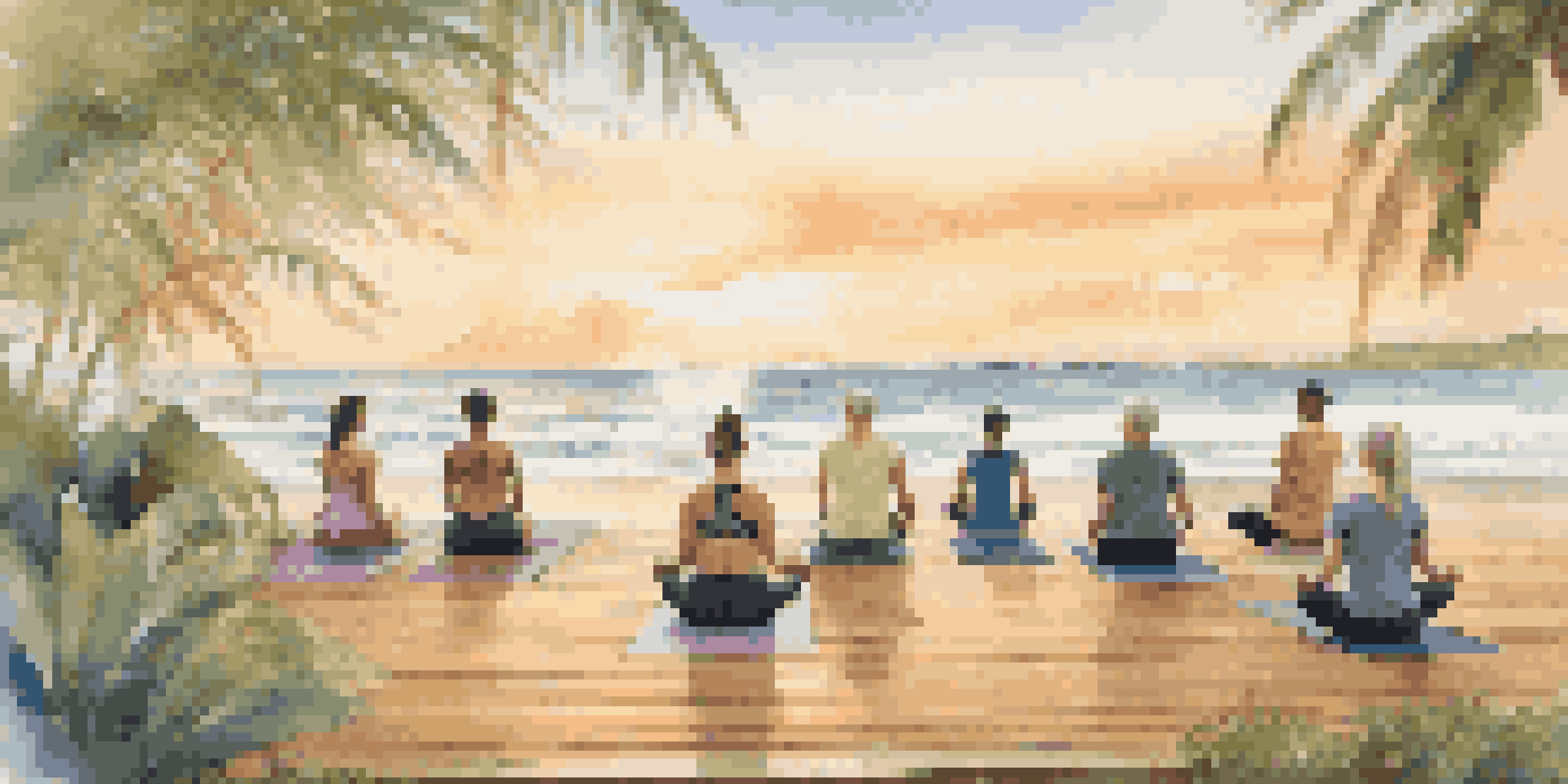 A group of diverse individuals practicing yoga on a wooden deck by the beach during sunrise, with ocean waves in the background.