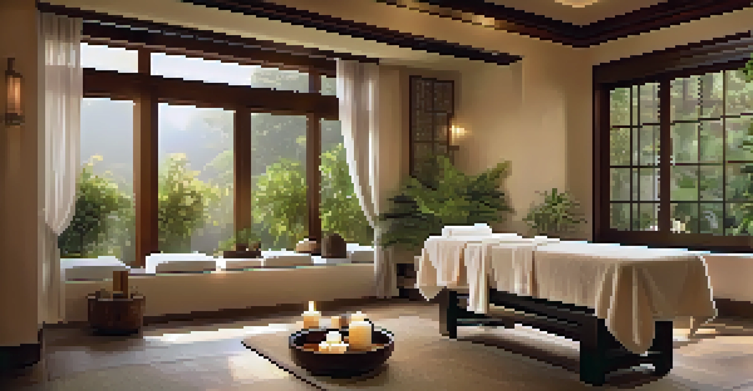 A luxurious spa setup featuring a massage table and essential oils, with a view of a garden.