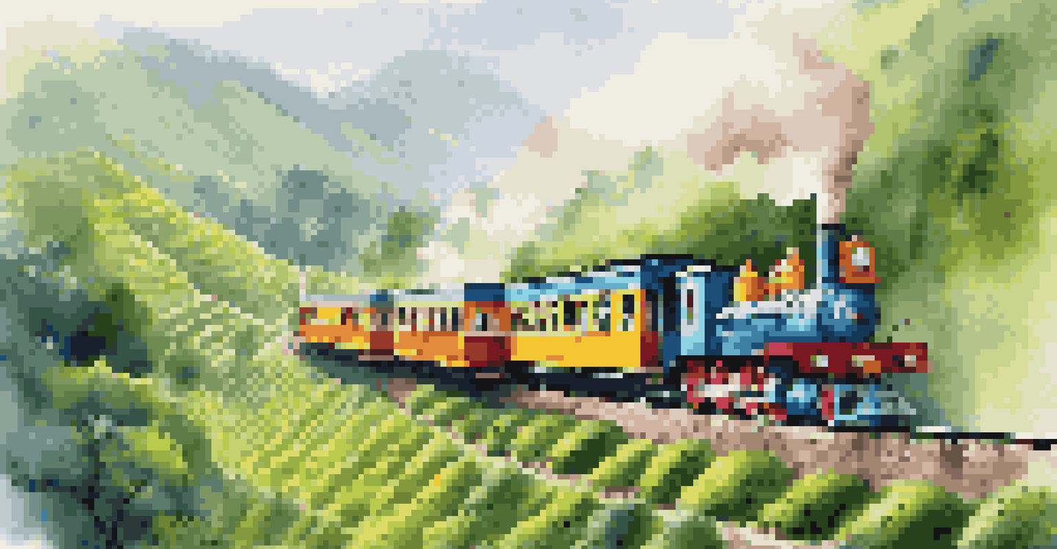 A colorful toy train navigating through misty mountains and lush tea plantations in India, with families aboard capturing memories during their scenic journey.