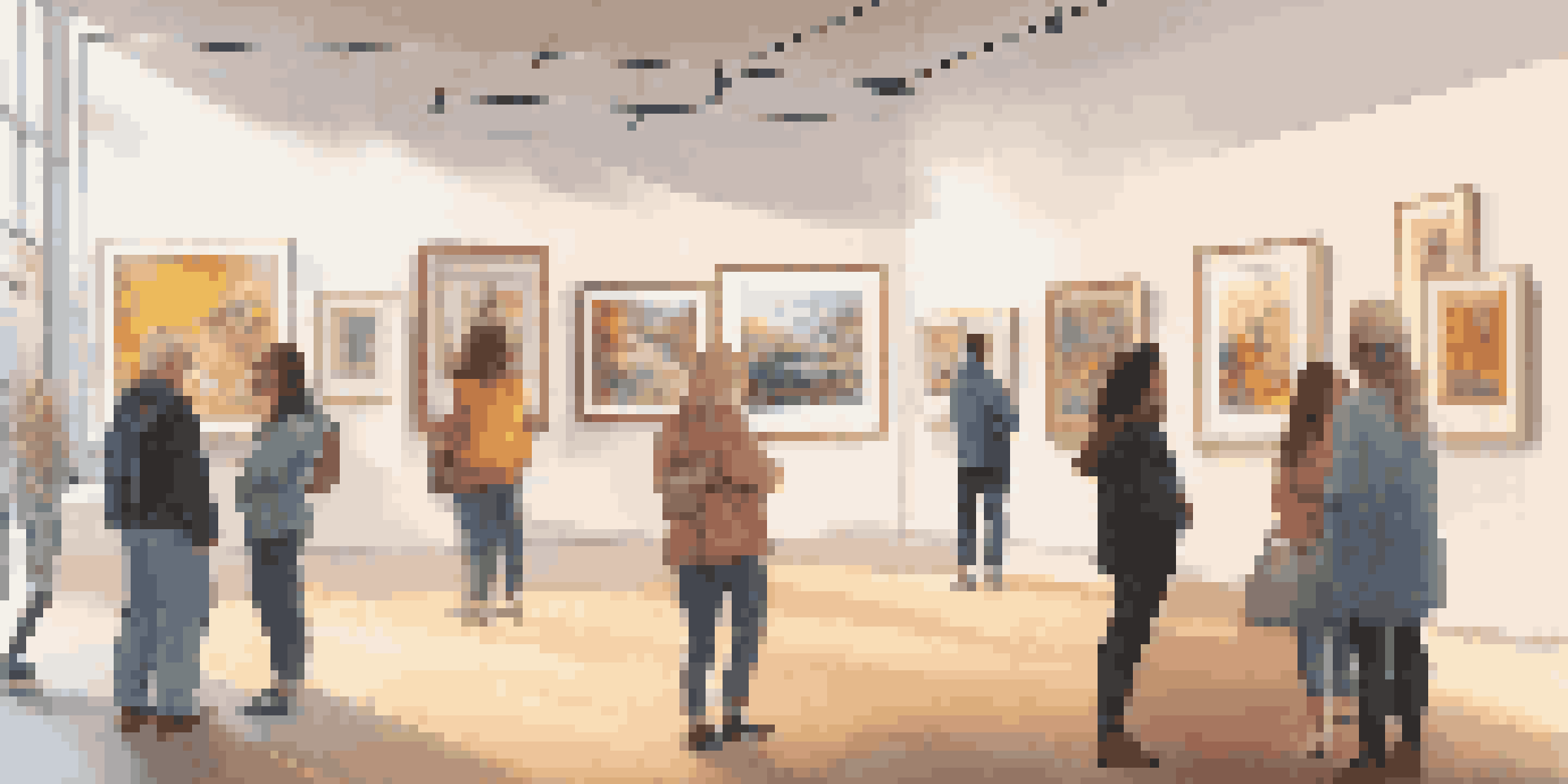 A digital art gallery with diverse artworks on display, visitors interacting with the art, and warm lighting creating a welcoming atmosphere.