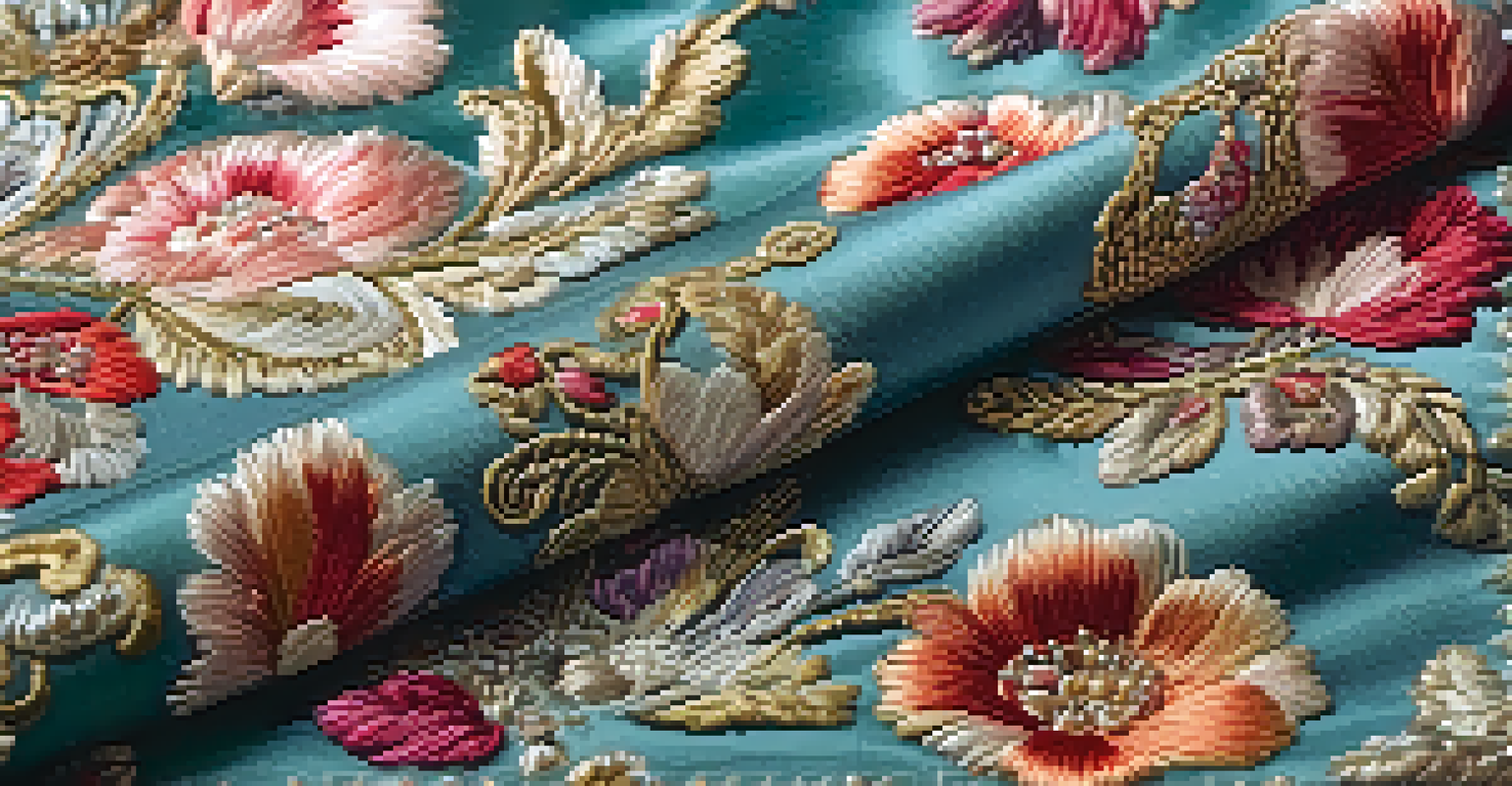 A close-up of detailed embroidery on luxurious fabric, featuring floral patterns inspired by classic art, with a rich color palette and soft focus background.