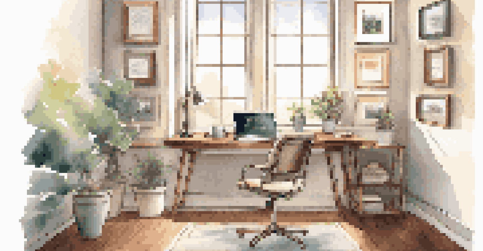 A stylish home office with a desk, laptop, and coffee, illuminated by natural light from a window.