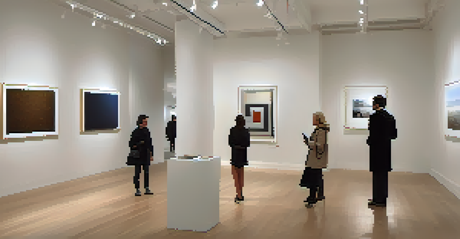 An intimate gallery space at a luxury art fair with richly textured artworks and collectors discussing a contemporary sculpture.