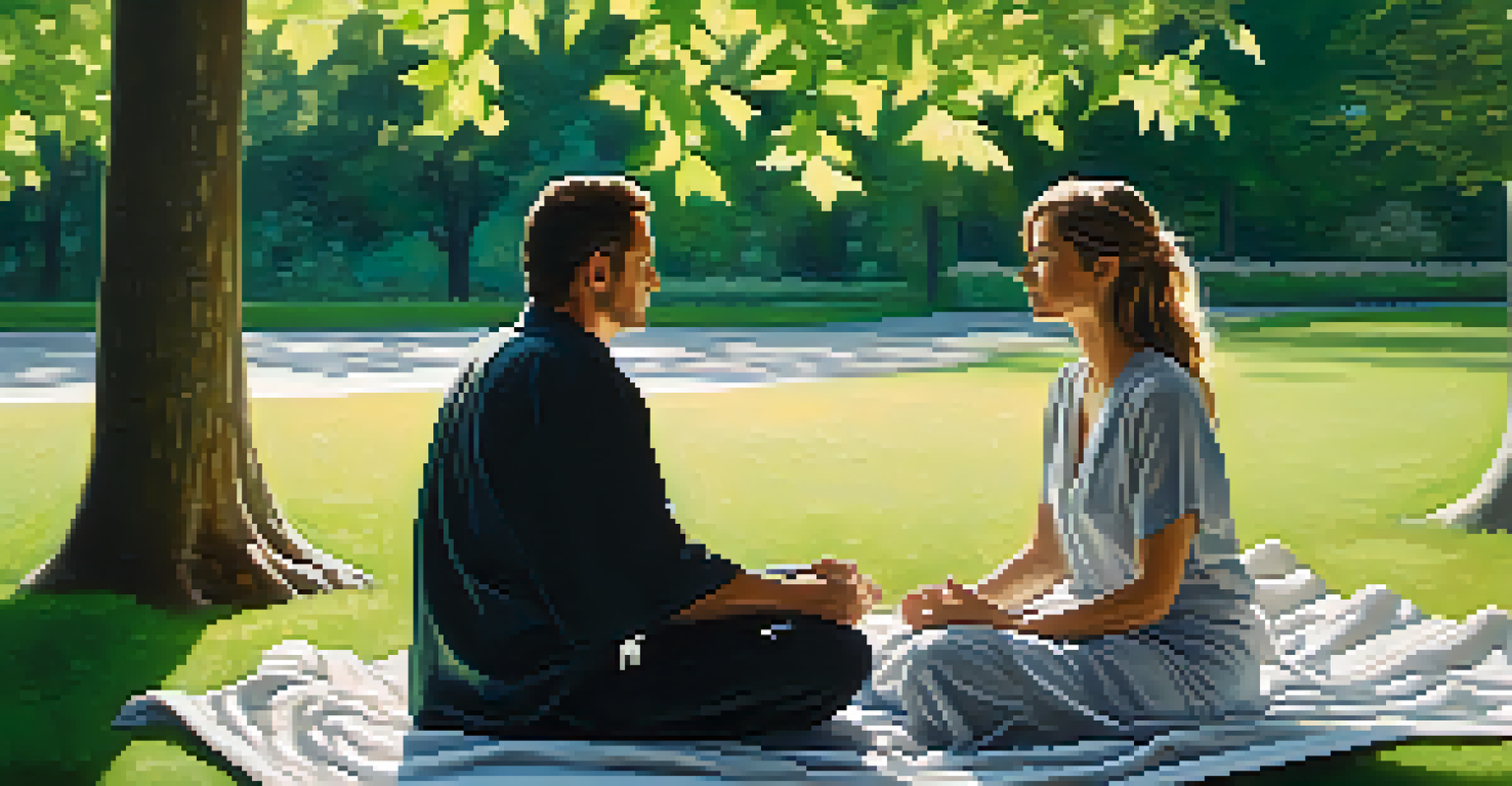 A couple practicing mindfulness outdoors in a green park, conveying peace and emotional connection.