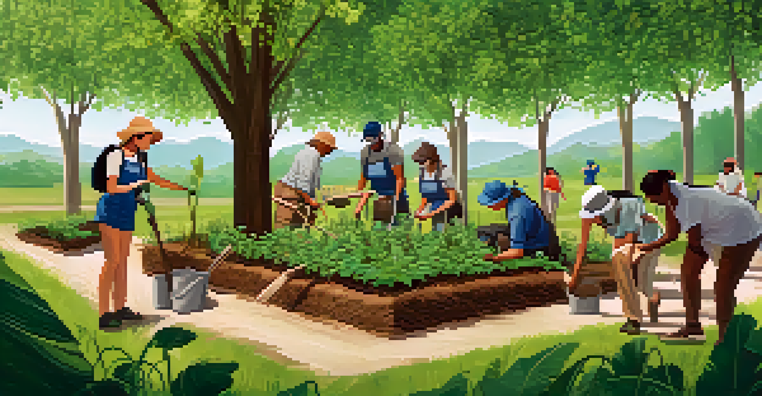 Attendees participating in a tree planting activity outdoors, surrounded by greenery and using eco-friendly tools.