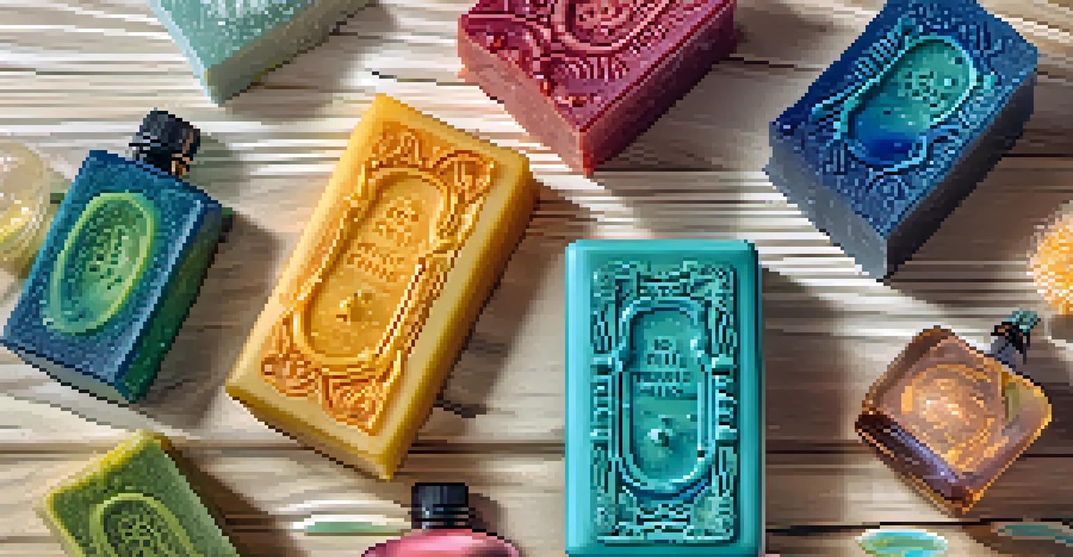 Close-up of a handcrafted soap bar with vibrant colors and unique texture on a wooden surface.