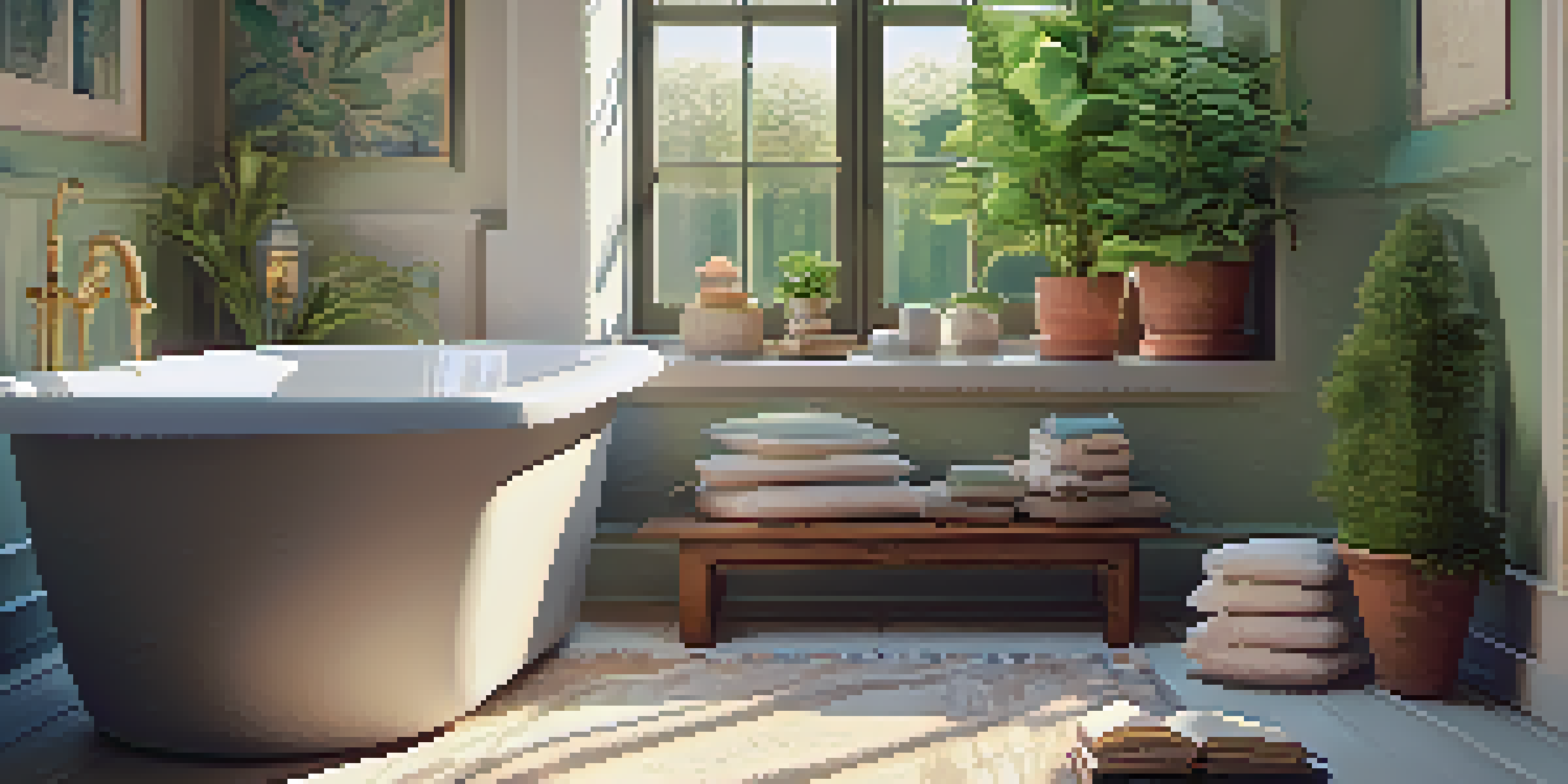 A cozy bath nook with soft lighting, colorful cushions, and greenery, featuring a window view filled with natural sunlight.