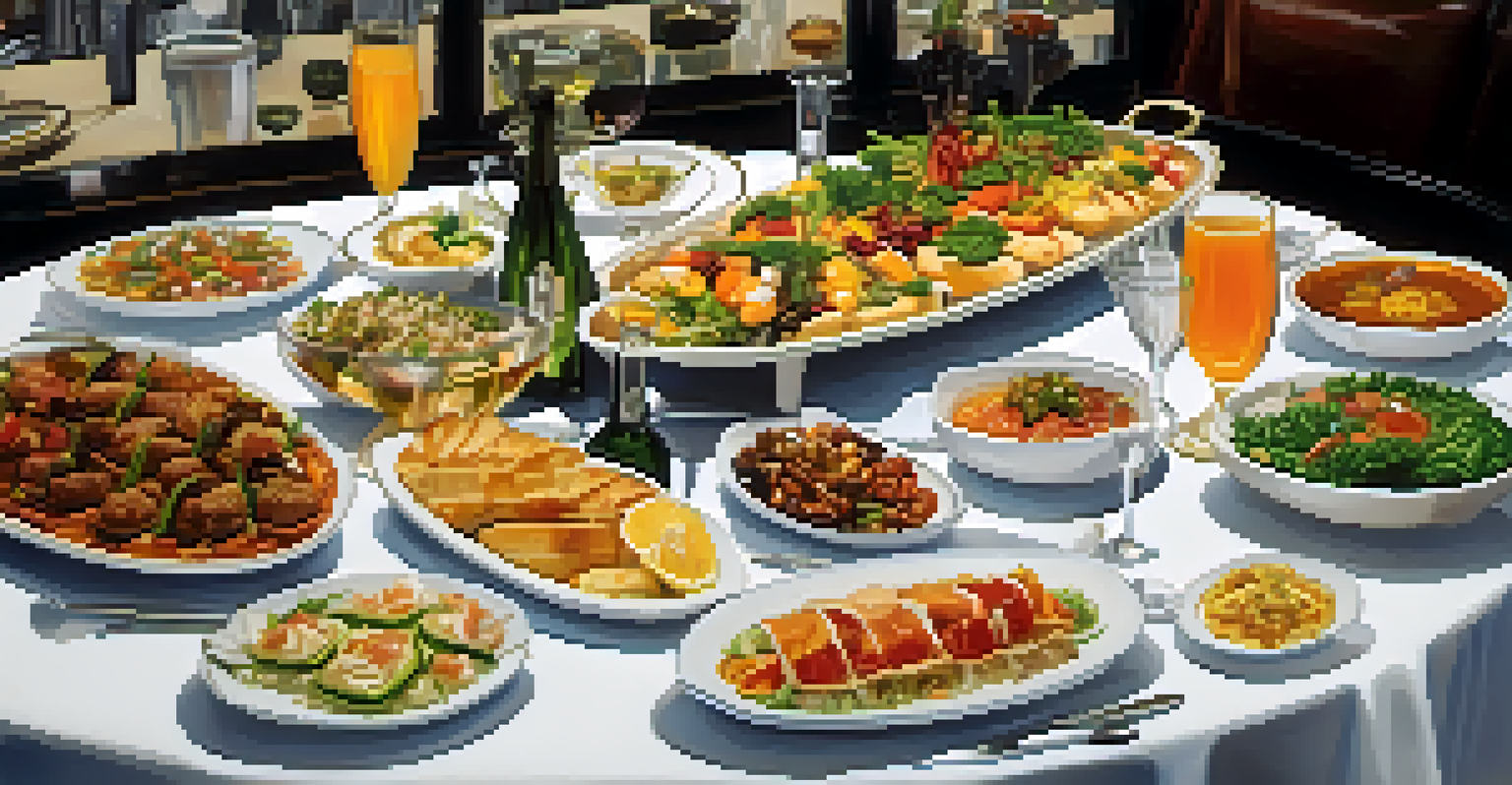 A buffet table in an airport lounge filled with gourmet dishes and beverages, with travelers enjoying the food.
