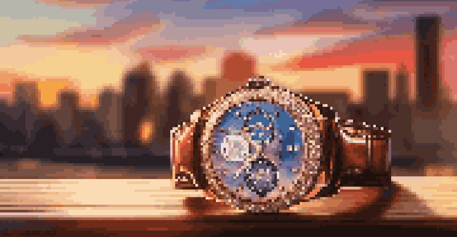 A close-up of a luxury watch on a wooden table, with a blurred sunset cityscape behind it, highlighting the watch's details and elegance.