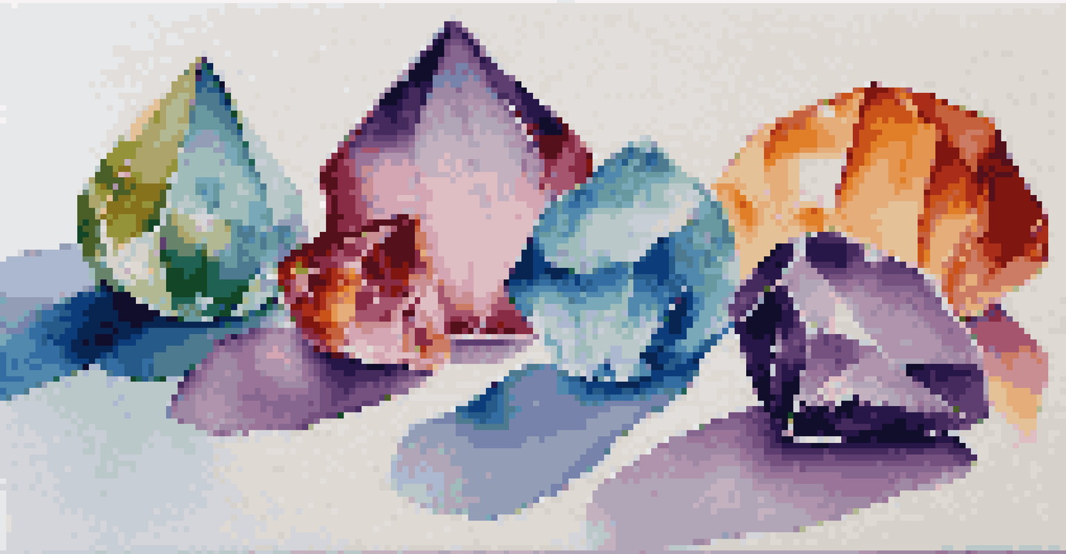 A variety of colorful crystals and essential oils arranged on a white cloth, capturing their vibrant textures and reflections.