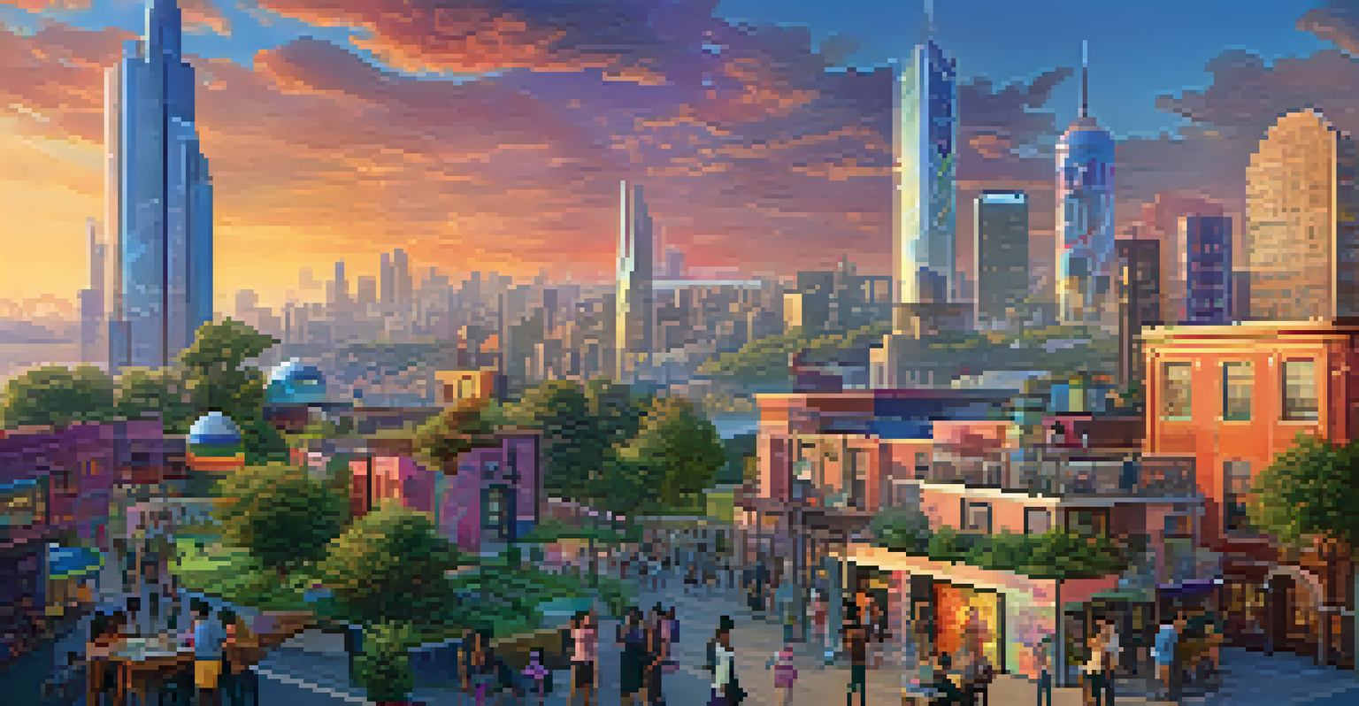 A futuristic cityscape featuring murals of gender diversity and a warm sunset glow.