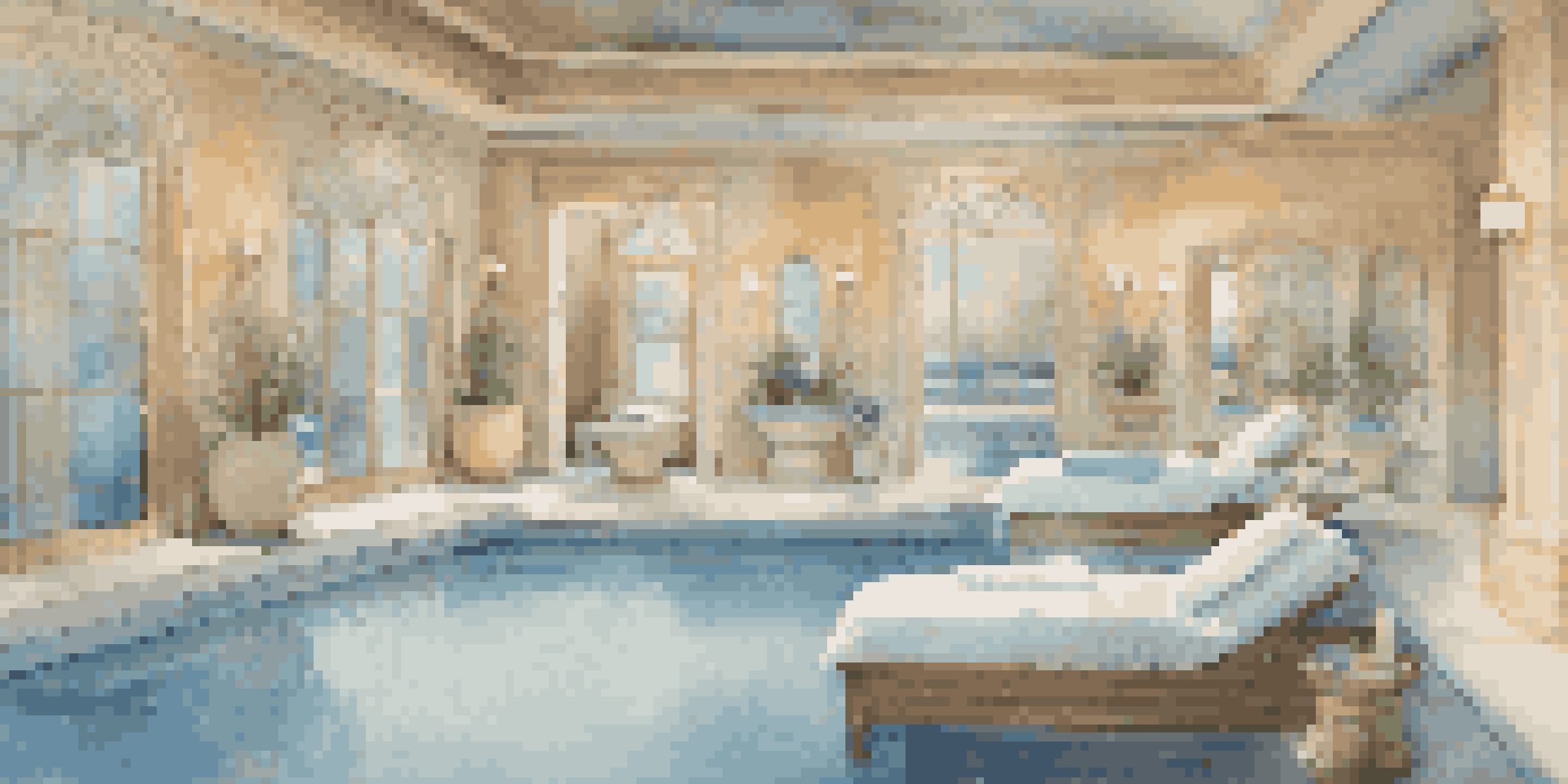 A peaceful luxury spa room with massage tables, candles, and a calming water feature.