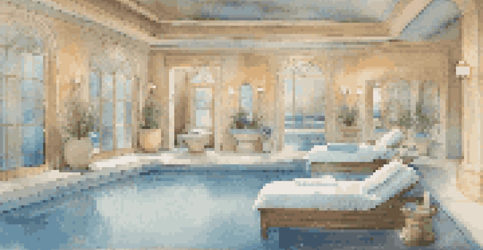 A peaceful luxury spa room with massage tables, candles, and a calming water feature.