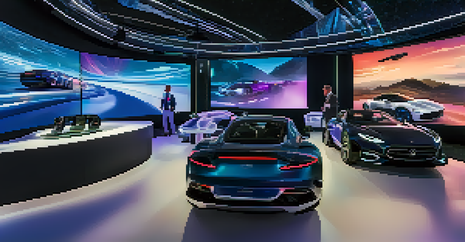 Guests enjoying virtual reality simulations at a luxury car launch event, with high-end vehicles and modern decor in the background.
