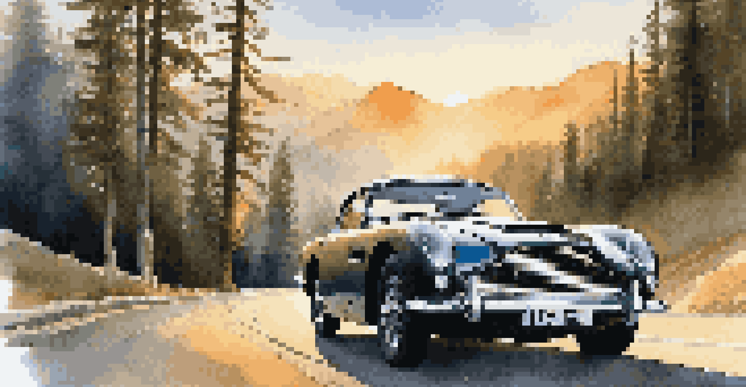 A classic Aston Martin driving on a mountain road with pine trees and peaks, illuminated by a golden sunset.