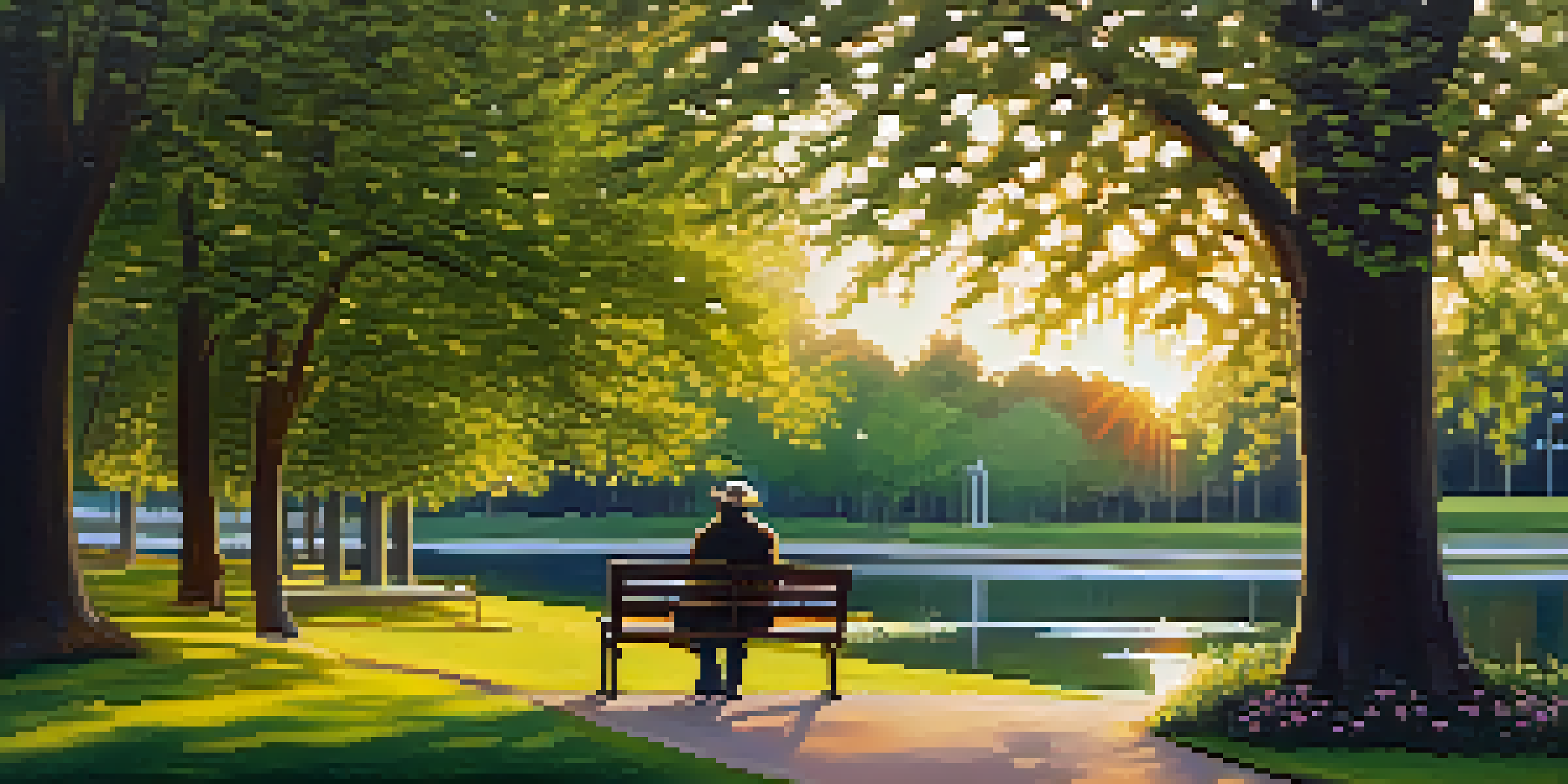 A peaceful park with a person reading a book on a bench, surrounded by flowers and trees, during sunset.