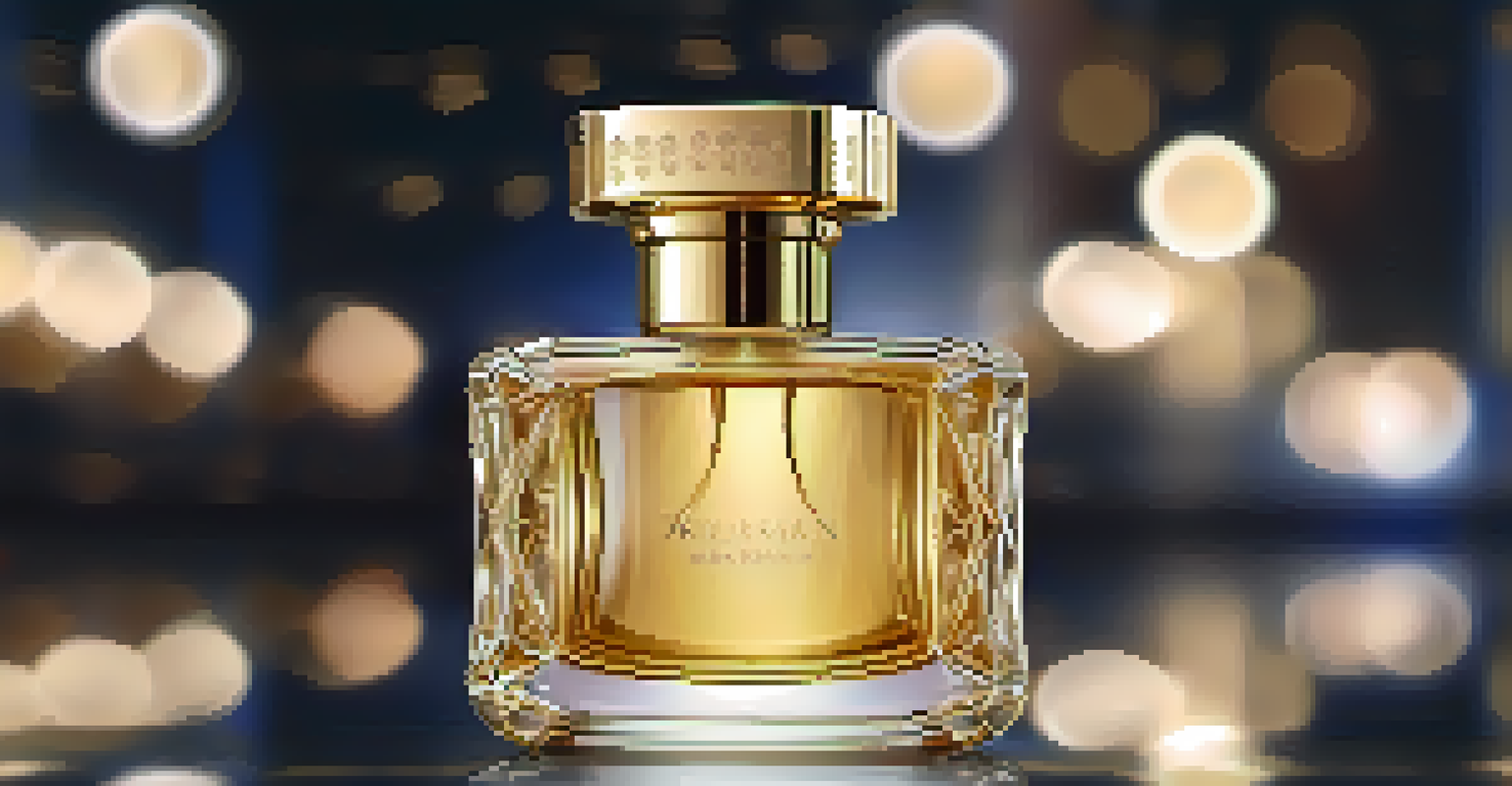 A close-up of a luxury perfume bottle on a reflective surface with bokeh lights in the background.