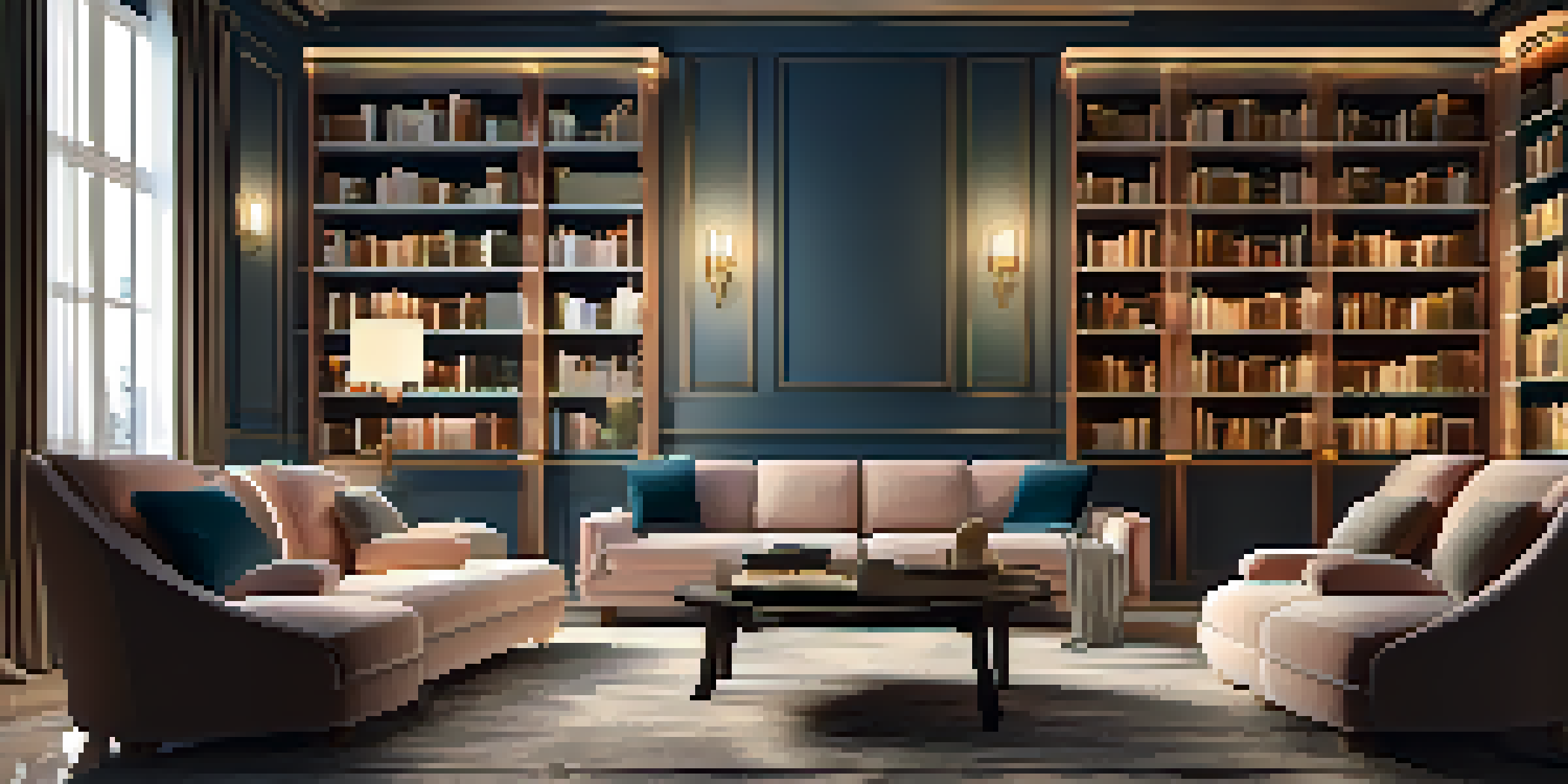 A cozy luxury library with smart lighting, featuring a plush armchair and a stylish bookshelf filled with books.