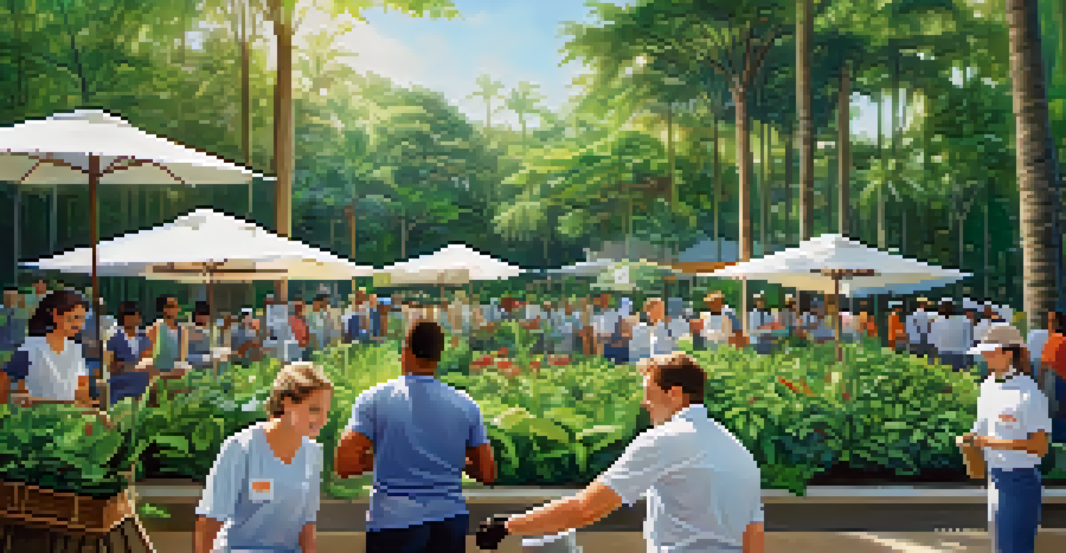 Guests of diverse backgrounds happily participating in a community clean-up at a luxury hotel, with greenery and a banner in the background.