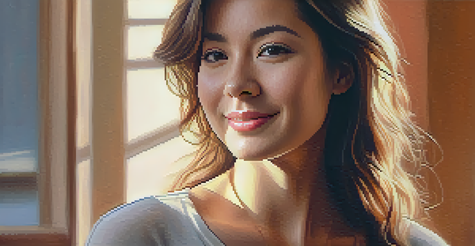 A portrait of a woman smiling softly, illuminated by warm, natural light with a gradient background.