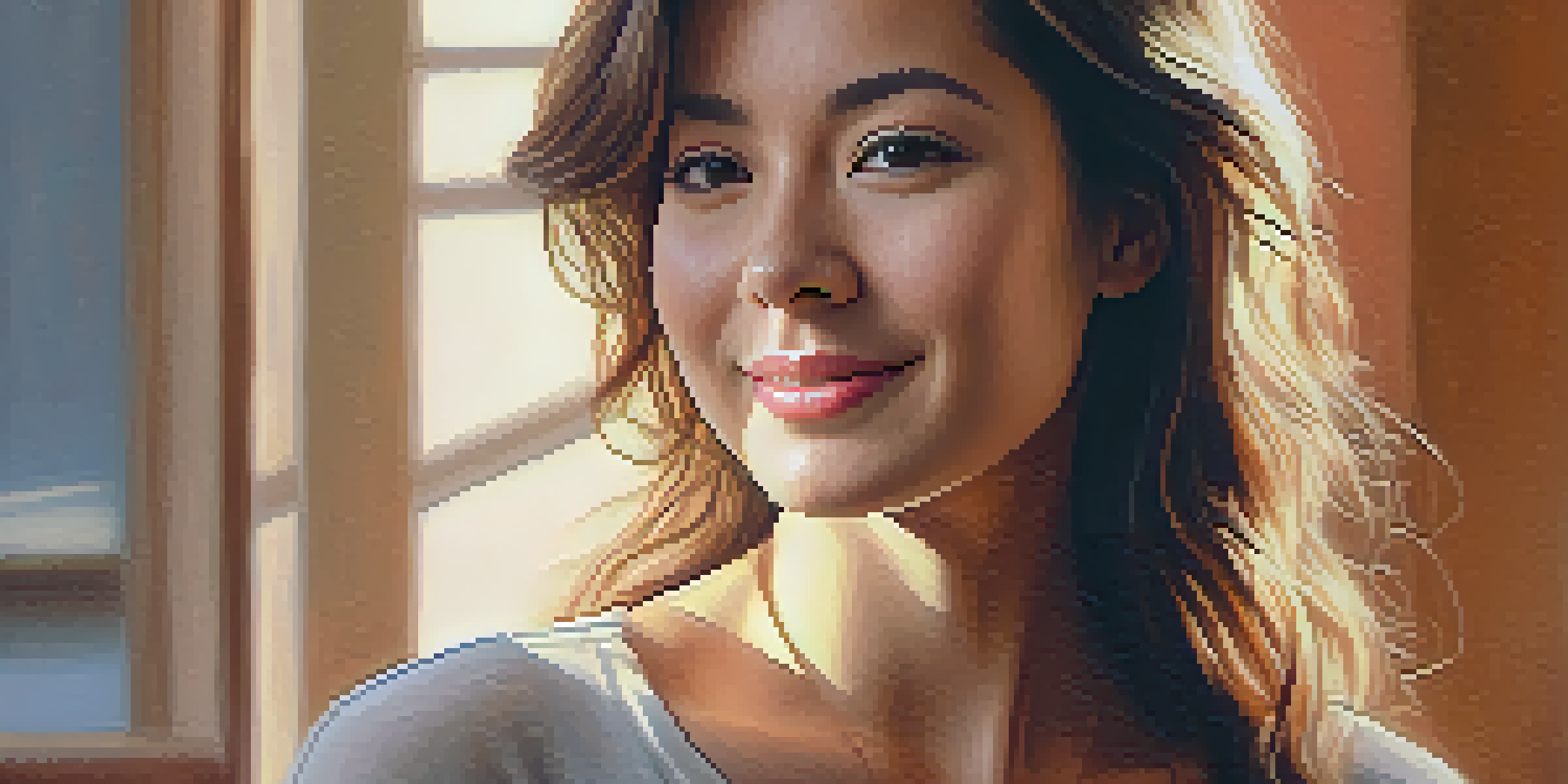 A portrait of a woman smiling softly, illuminated by warm, natural light with a gradient background.