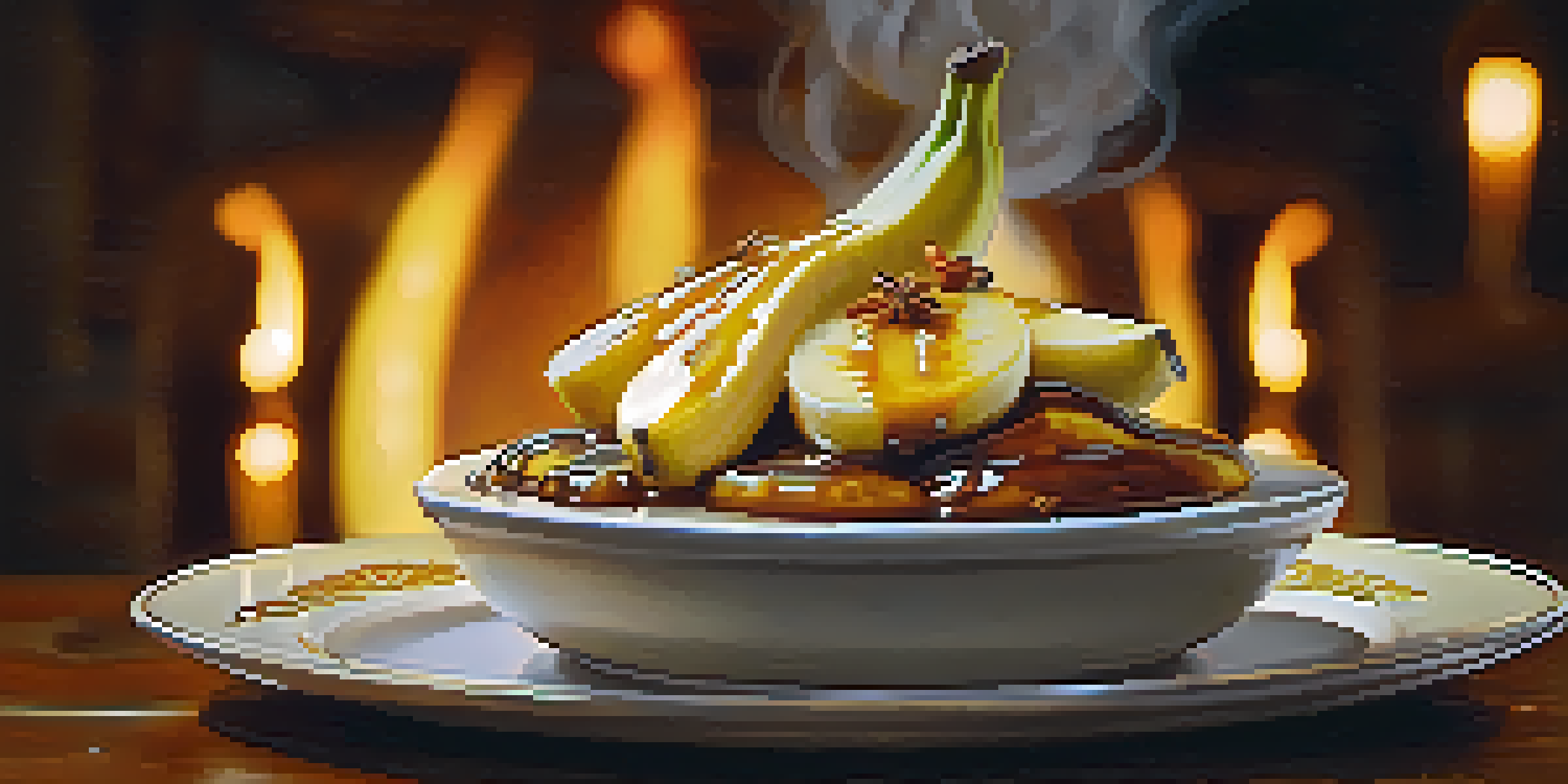 A dessert plate featuring flambéed Bananas Foster with flames, caramelized bananas, and a warm ambiance.