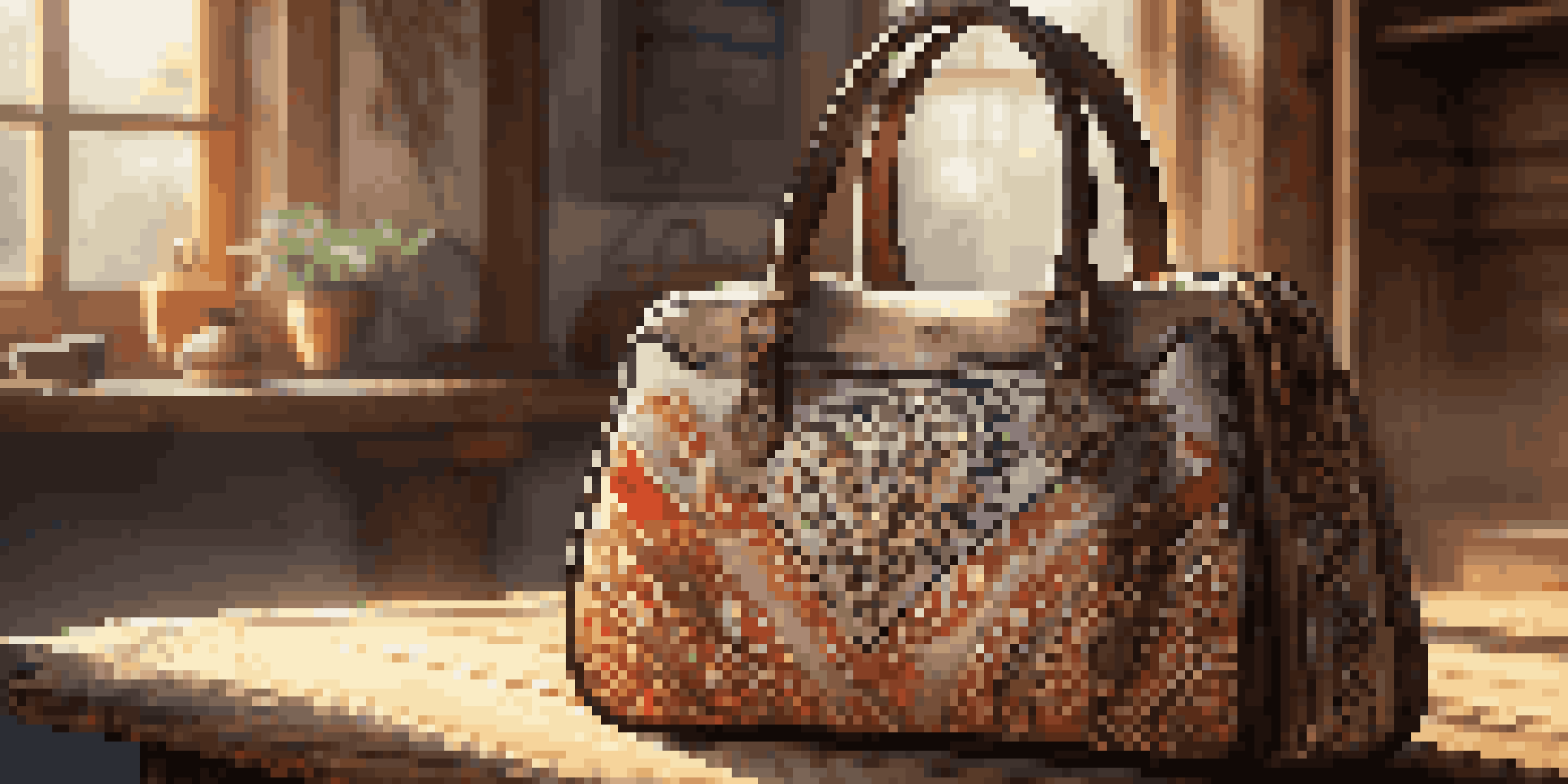 A luxury handbag with indigenous embroidery on a wooden table, with sunlight casting shadows and a blurred artisan workshop in the background.