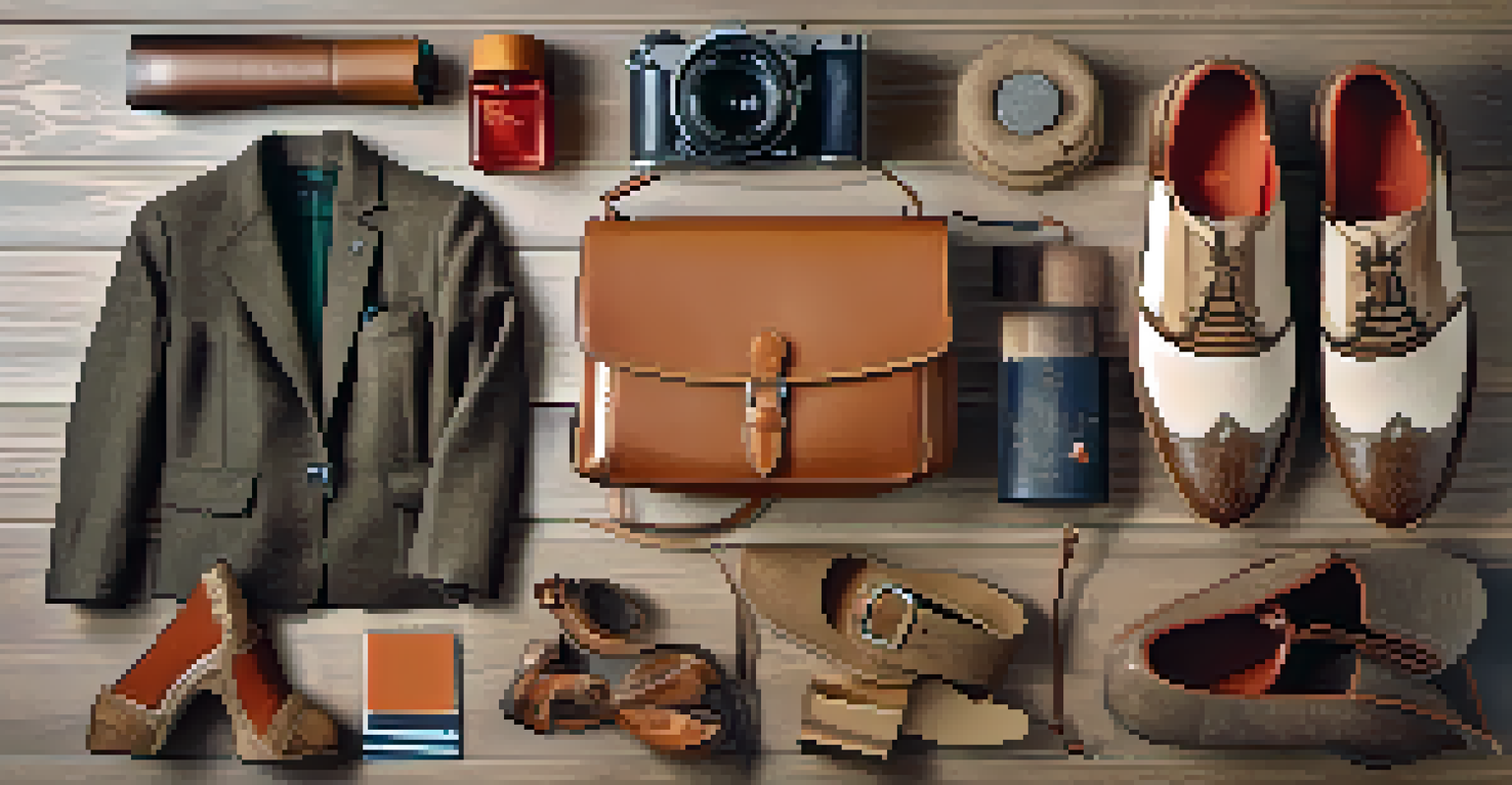 A flat lay of luxury fashion items including a tweed jacket and embroidered accessories arranged on a textured wooden surface, illuminated by soft natural light.
