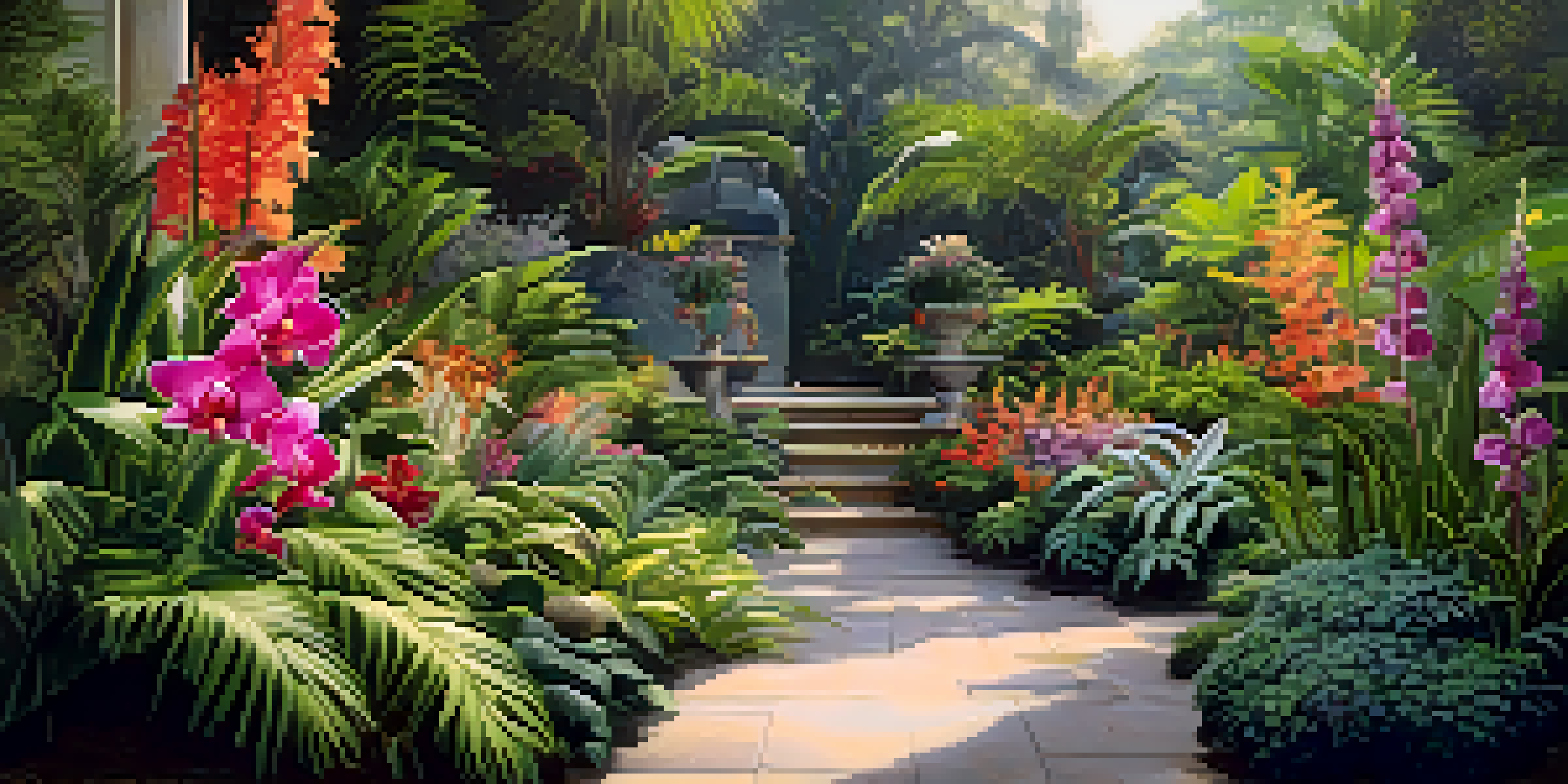 A colorful garden filled with blooming flowers and layered plants under soft sunlight.