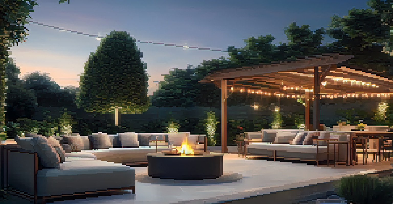 A cozy outdoor living area with automated heaters and soft lighting, set on a cool evening in a garden.