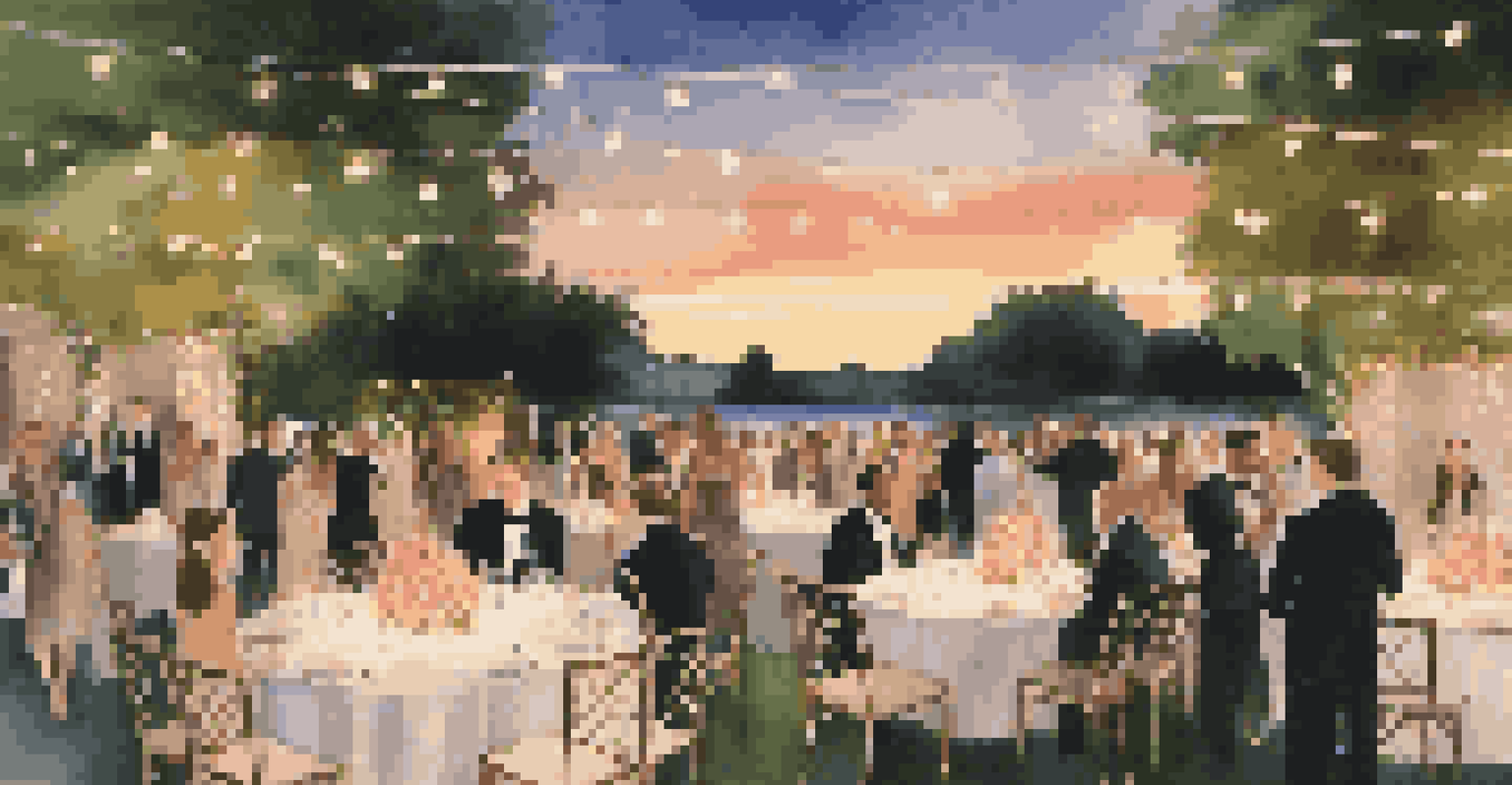 A luxury event in a garden with elegantly dressed guests under string lights during sunset.