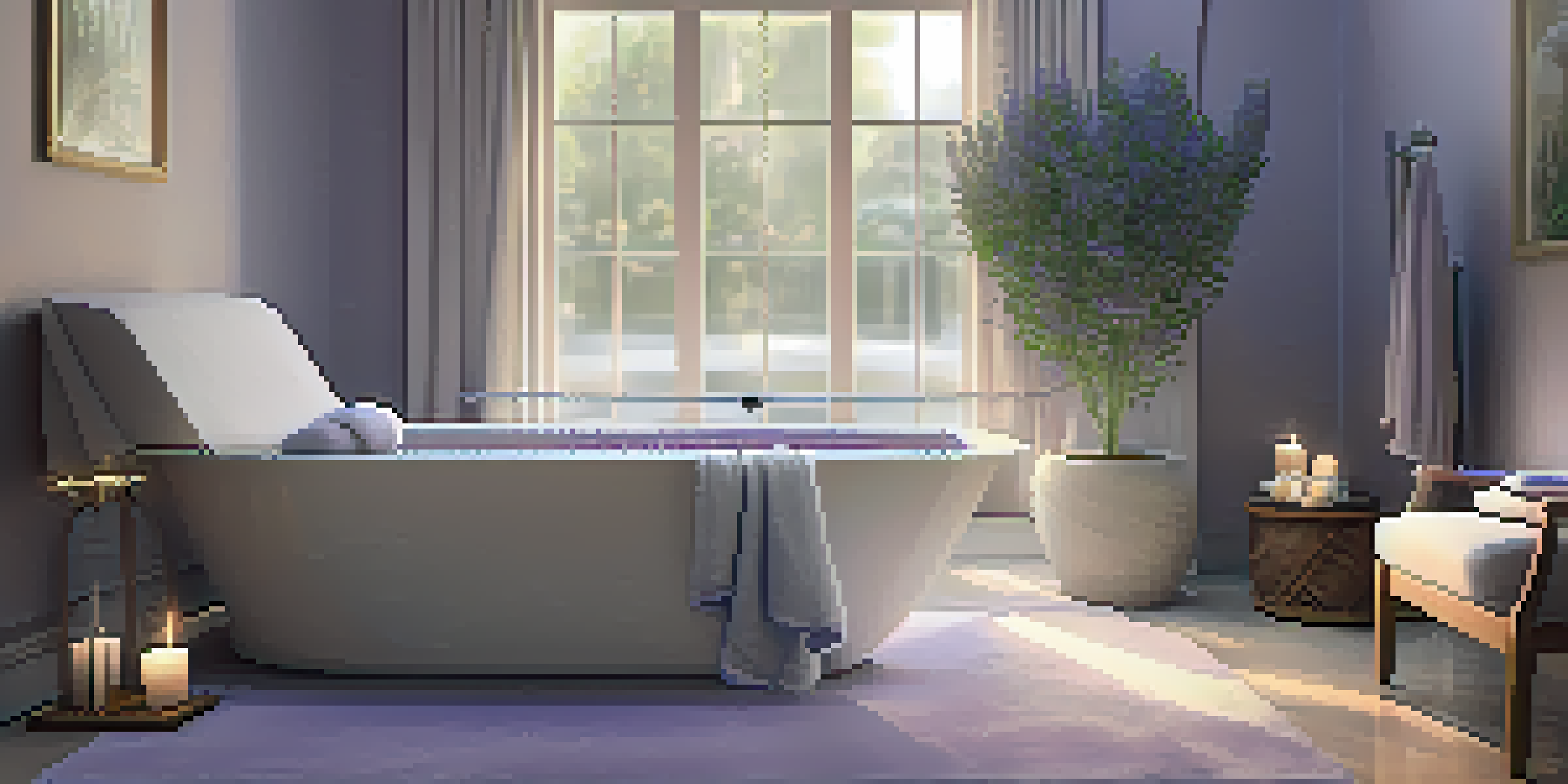 A calming luxury spa treatment room with lavender and eucalyptus decor, soft lighting, and candles.