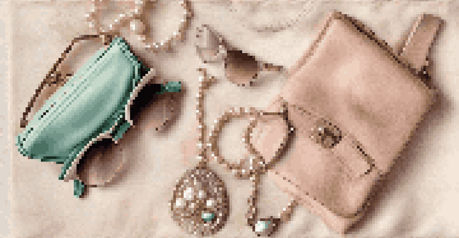 A flat lay of vintage fashion items including a handbag, sunglasses, and a necklace on a textured fabric background.