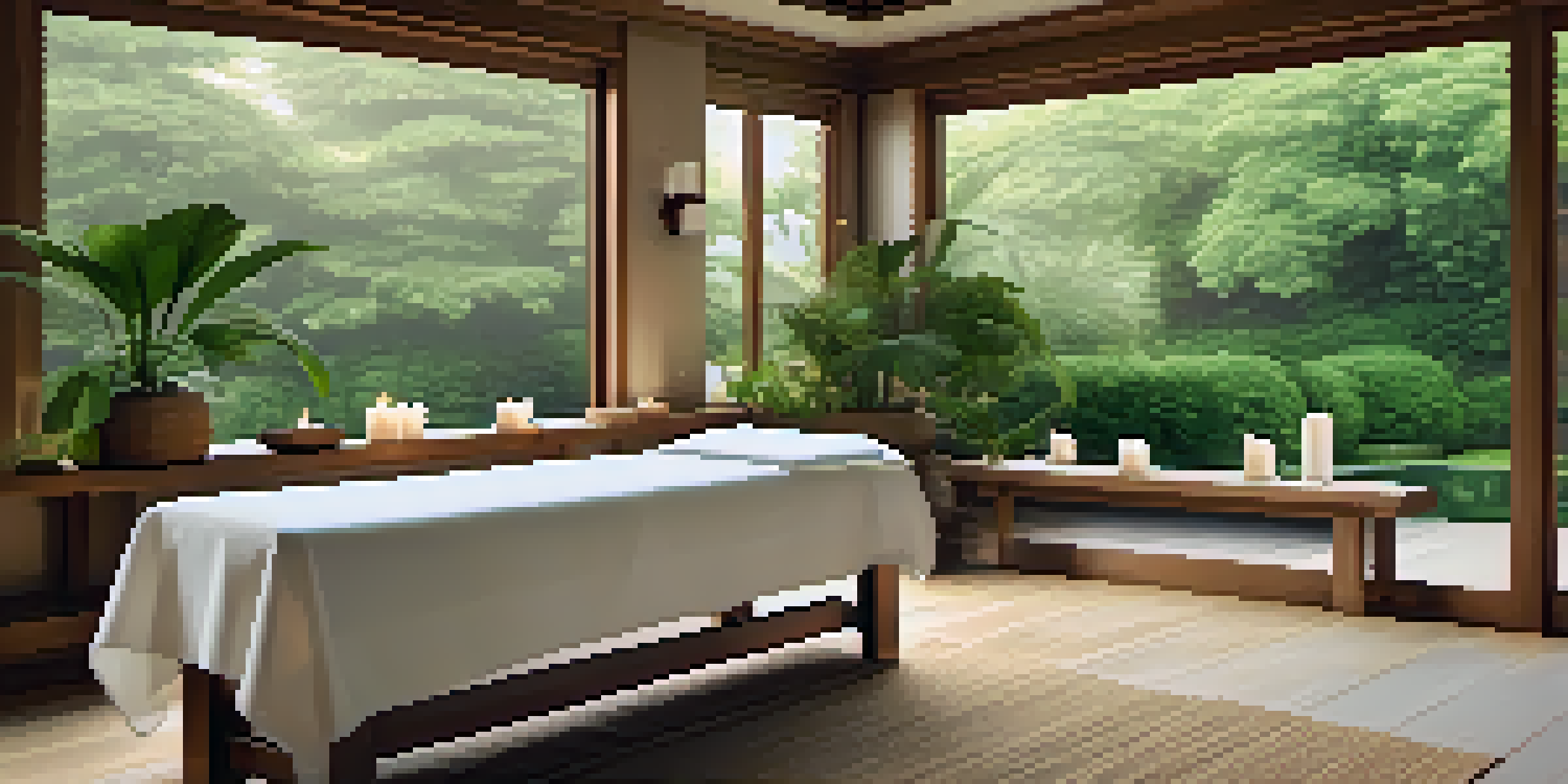 An interior view of a calming spa with a massage table, candles, and greenery, illuminated by soft natural light.