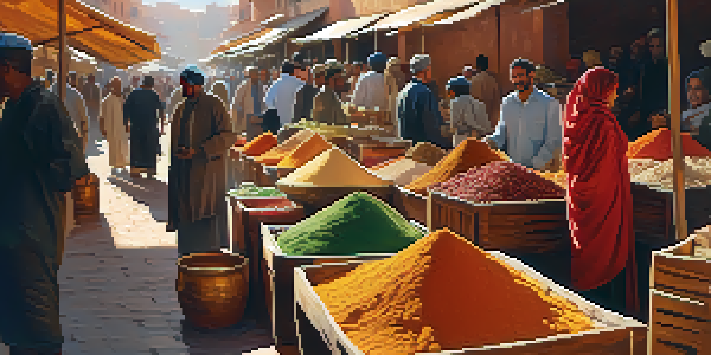 A busy outdoor market in Marrakech filled with colorful spices and people interacting under warm sunlight.