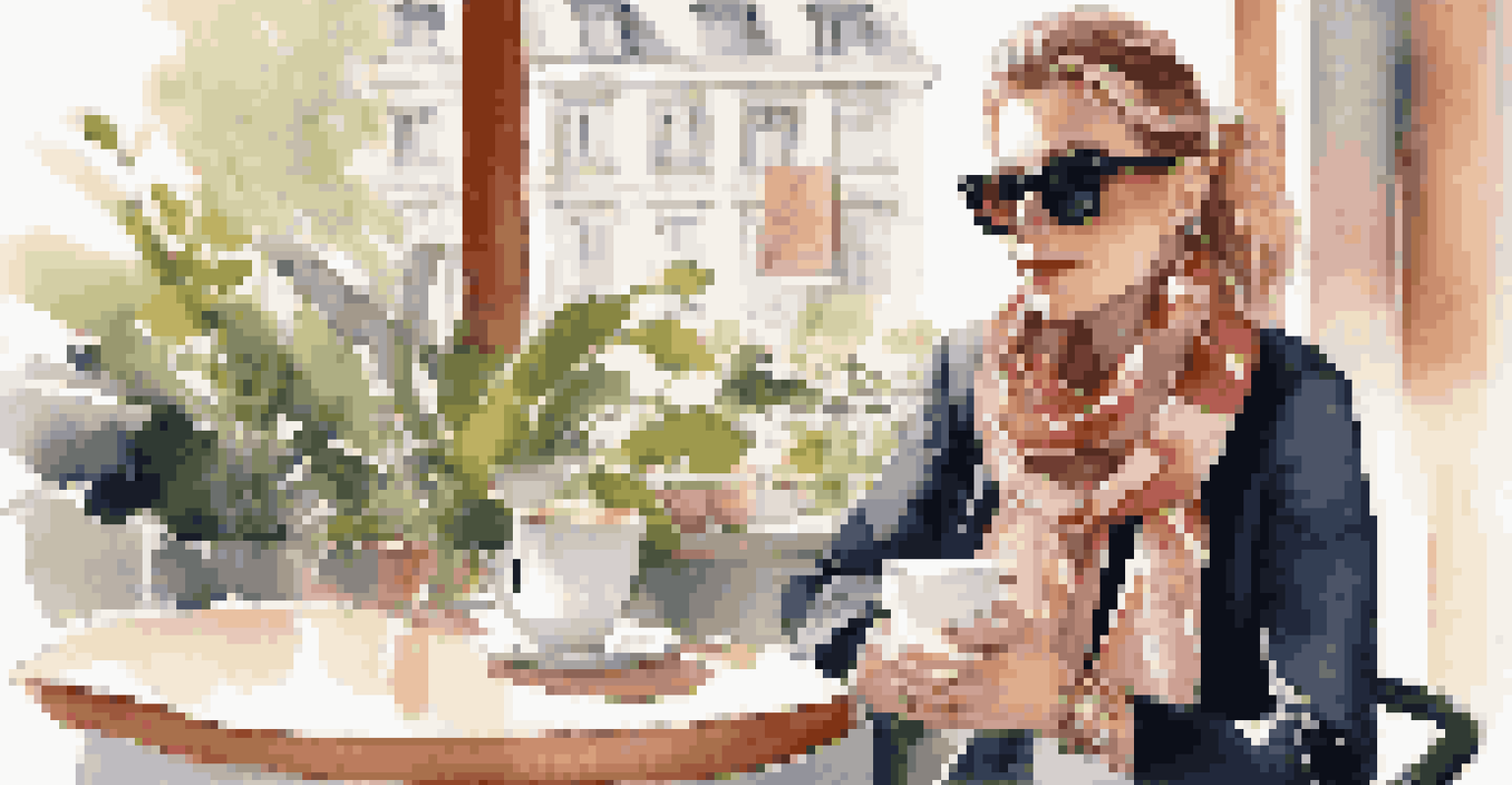 An influencer at a café, wearing a designer scarf and sipping coffee, with plants and bright natural light in the background.