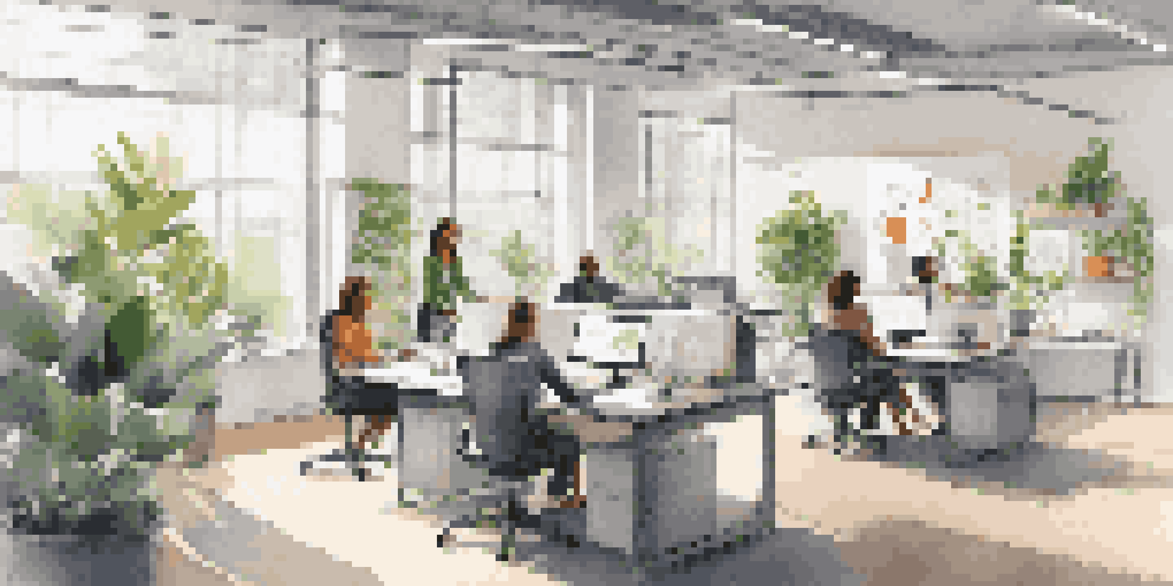 A bright and modern office with ergonomic furniture, large windows, and team members collaborating around desks with laptops.