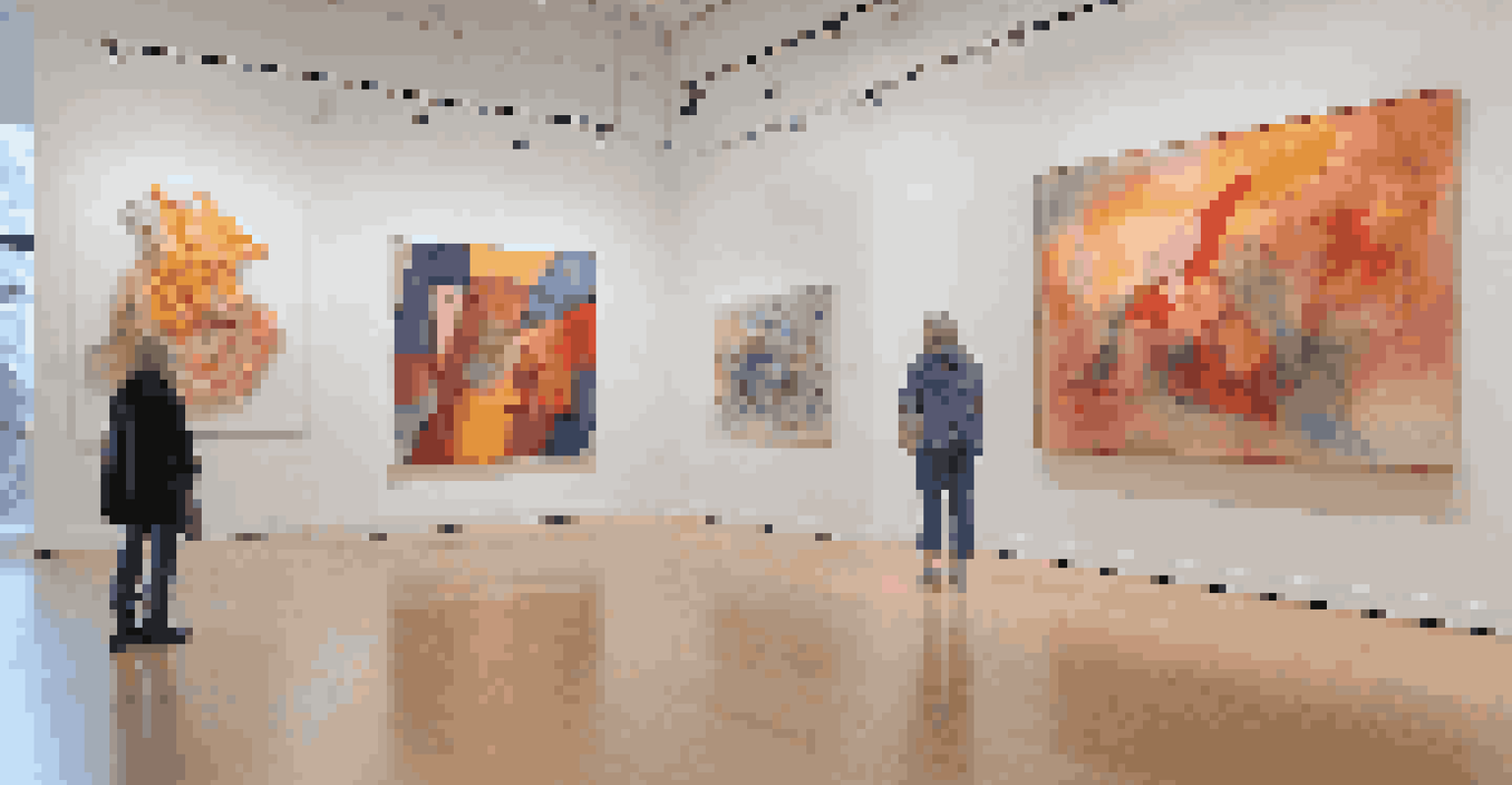 A modern art installation showcasing a large abstract sculpture and vibrant paintings about mental health.