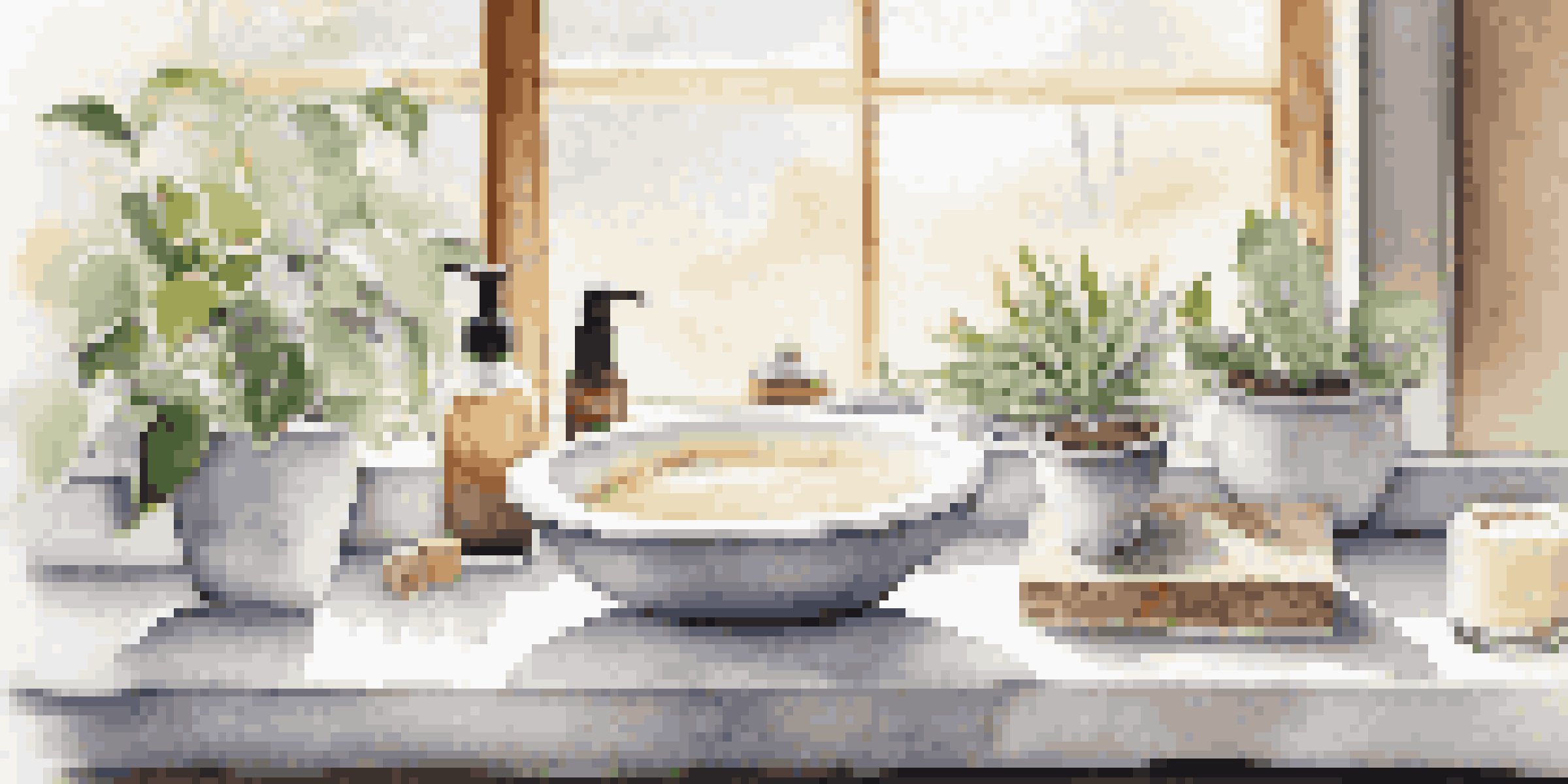 A luxurious exfoliating product on a marble countertop in a serene bathroom, with soft natural light and potted plants in the background.