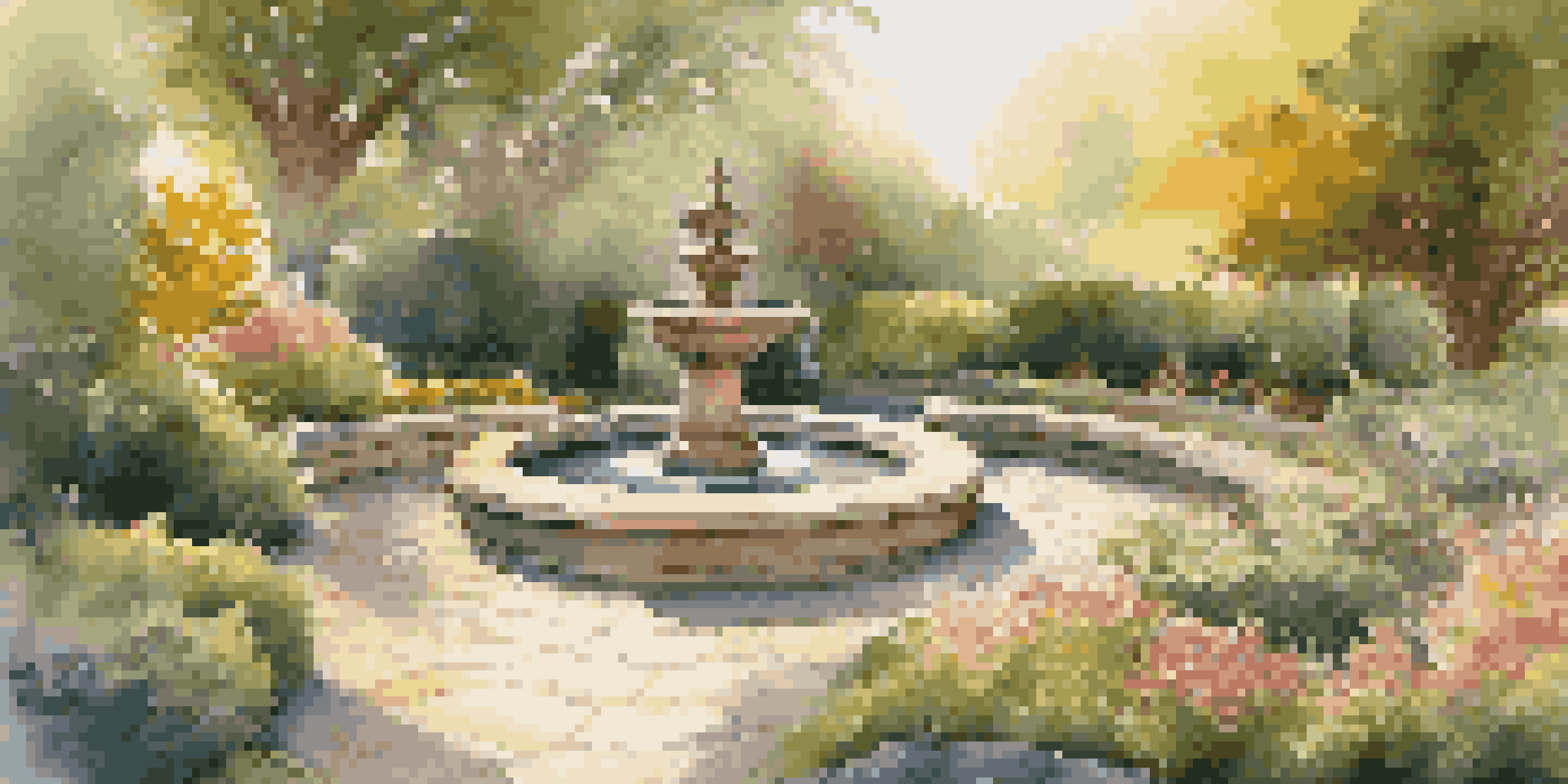 A picturesque luxury garden with a winding pathway, vibrant flowers, and a tranquil water fountain, illuminated by warm golden hour light.
