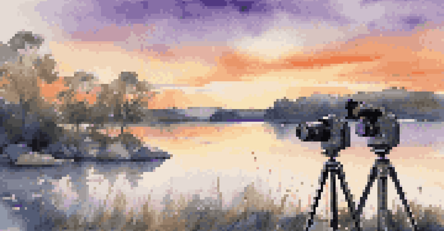 An elegant outdoor scene with a high-end tripod and luxury camera during sunset, with vibrant colors in the sky and calm water in the foreground.