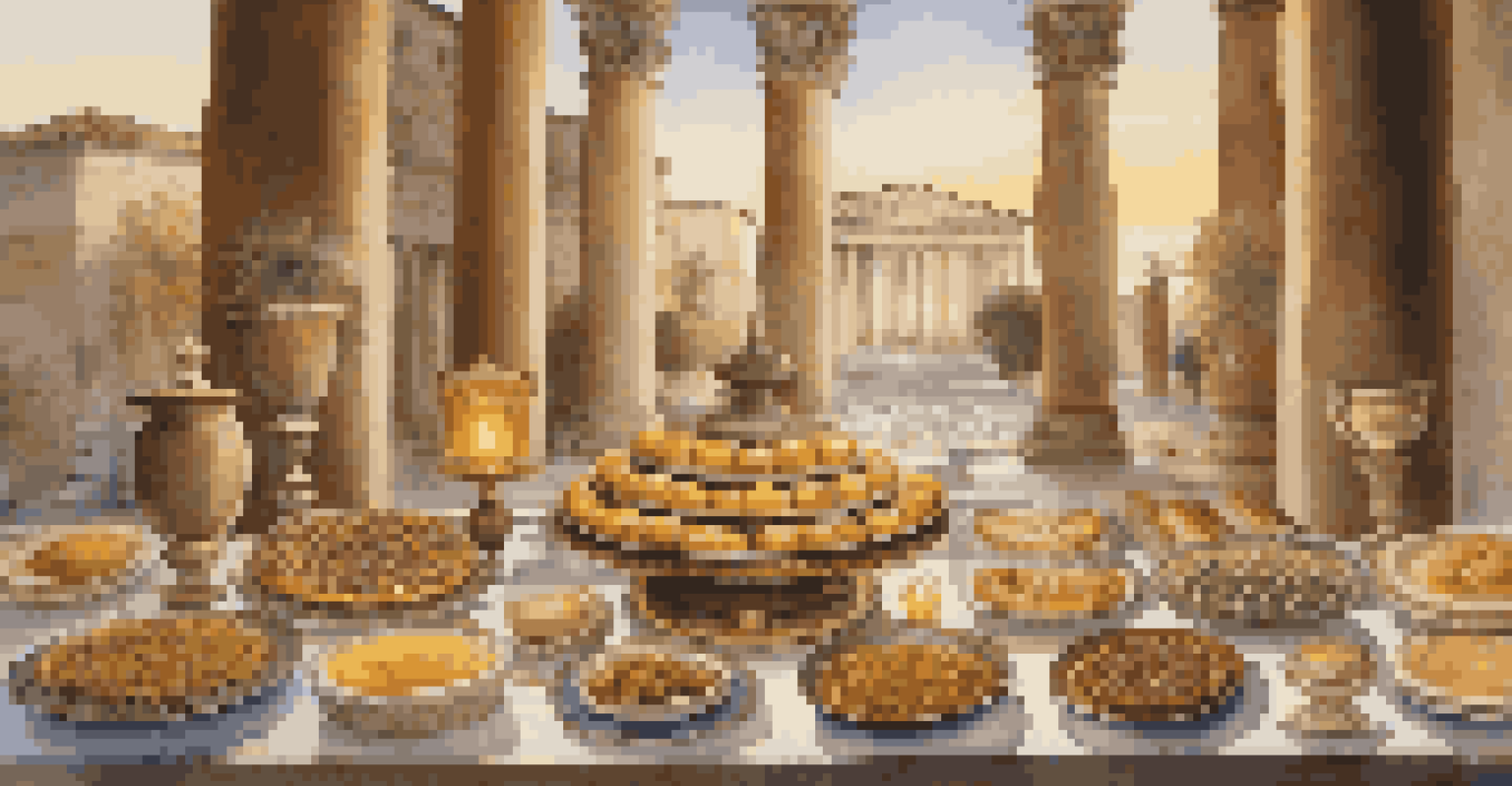 A Roman banquet table filled with ancient dishes, surrounded by classical architecture and soft lighting from oil lamps.