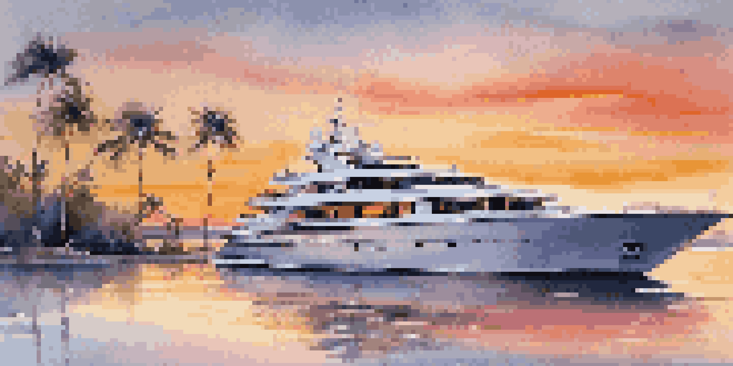 A luxurious yacht in a harbor at sunset, surrounded by calm waters and palm trees.