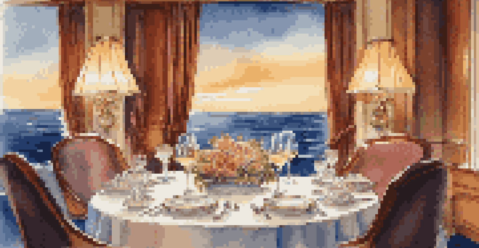 A romantic dining table for two on a cruise ship, set with fine china and overlooking the ocean.