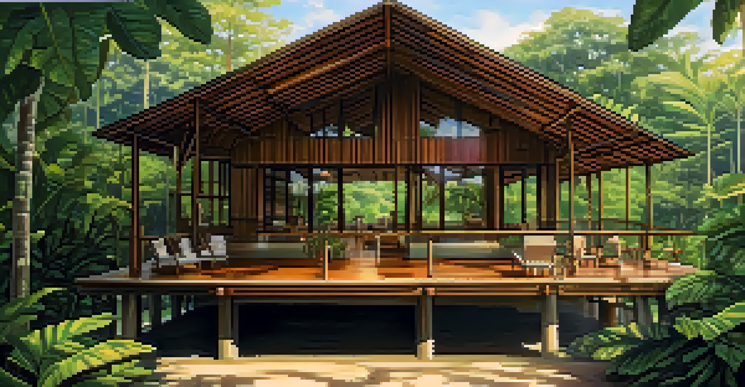 An eco-friendly lodge in the jungle with wooden architecture and a rooftop deck surrounded by lush greenery.