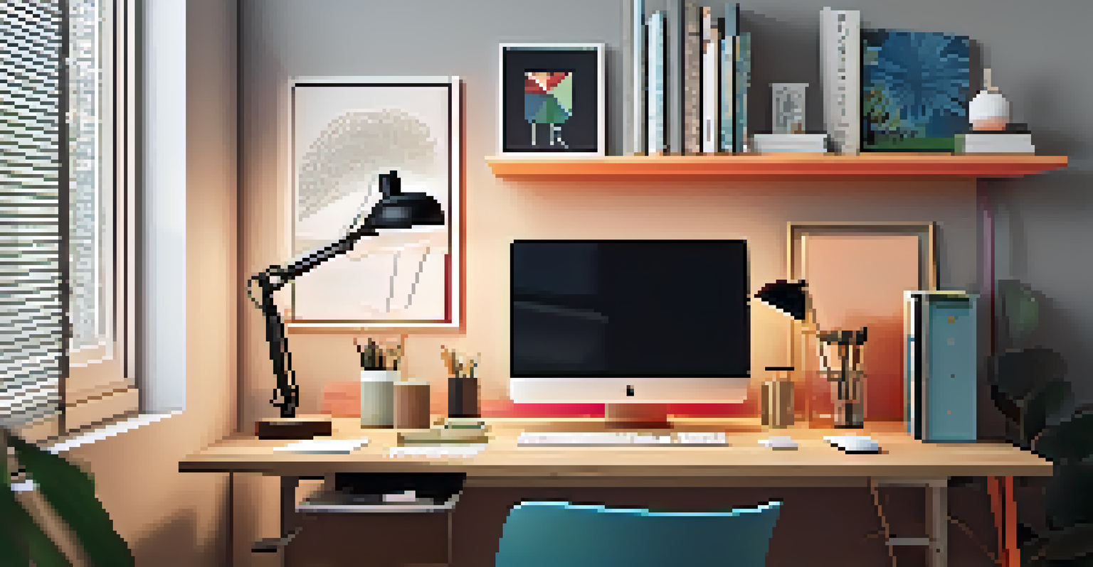 An ergonomic workspace with a modern adjustable desk, computer monitor, keyboard tray, and decorative organizers.