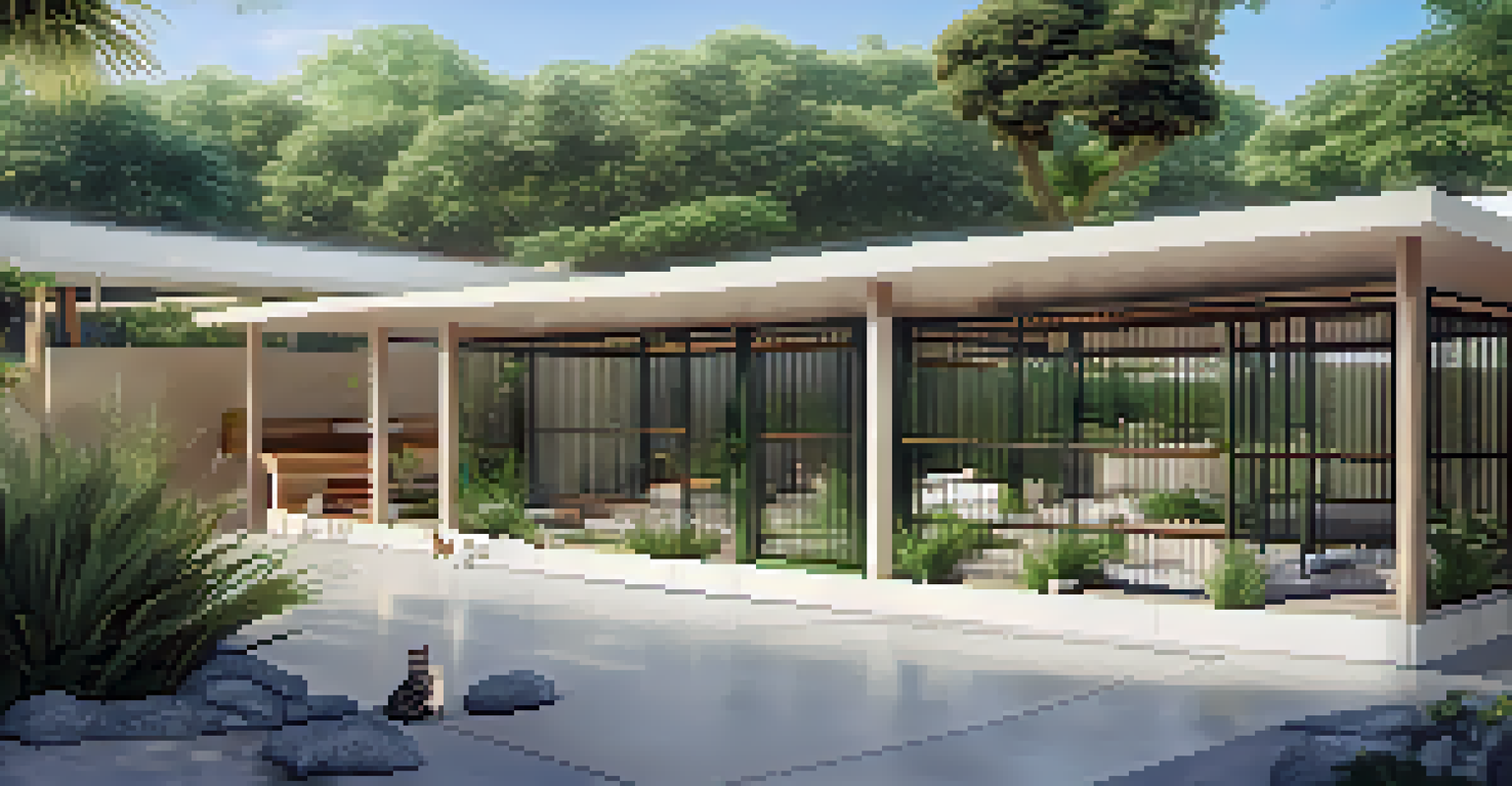 A safe outdoor enclosure at a luxury cat hotel with secured fencing, showcasing cats lounging in sunlight and climbing on safe structures.