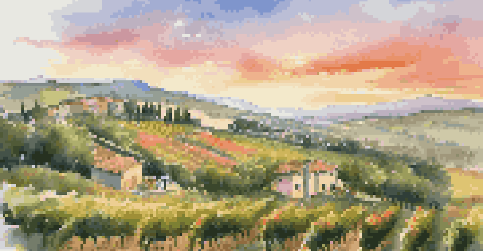 A picturesque vineyard in Italy at sunset with a local winemaker harvesting grapes.