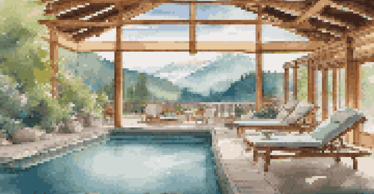 A luxurious outdoor spa with a heated pool and mountain views, creating a peaceful ambiance.
